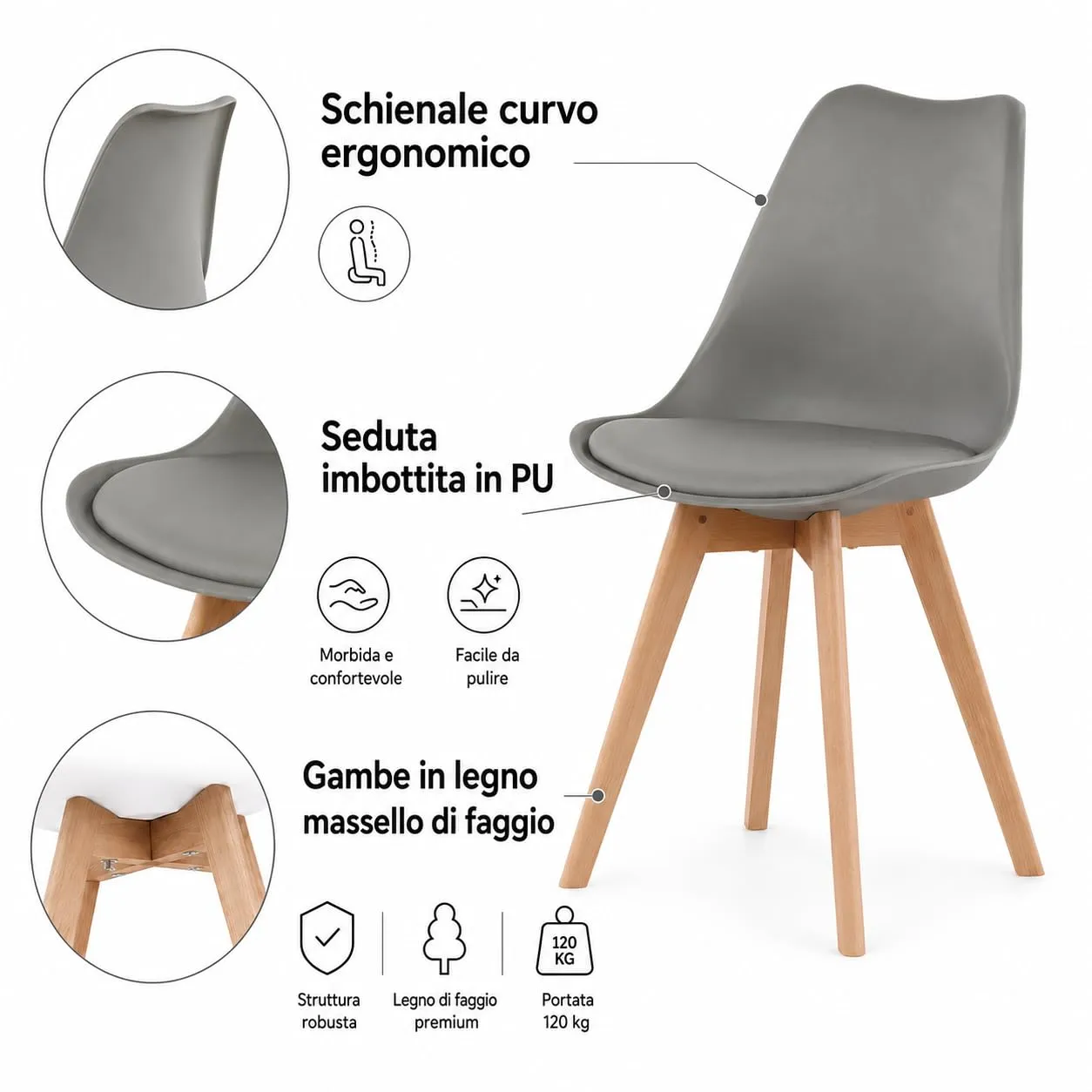 EGGREE Set di 8 sedie da pranzo in stile scandinavo con gambe in legno massello di faggio e pelle sintetica, grigio - immagine 7