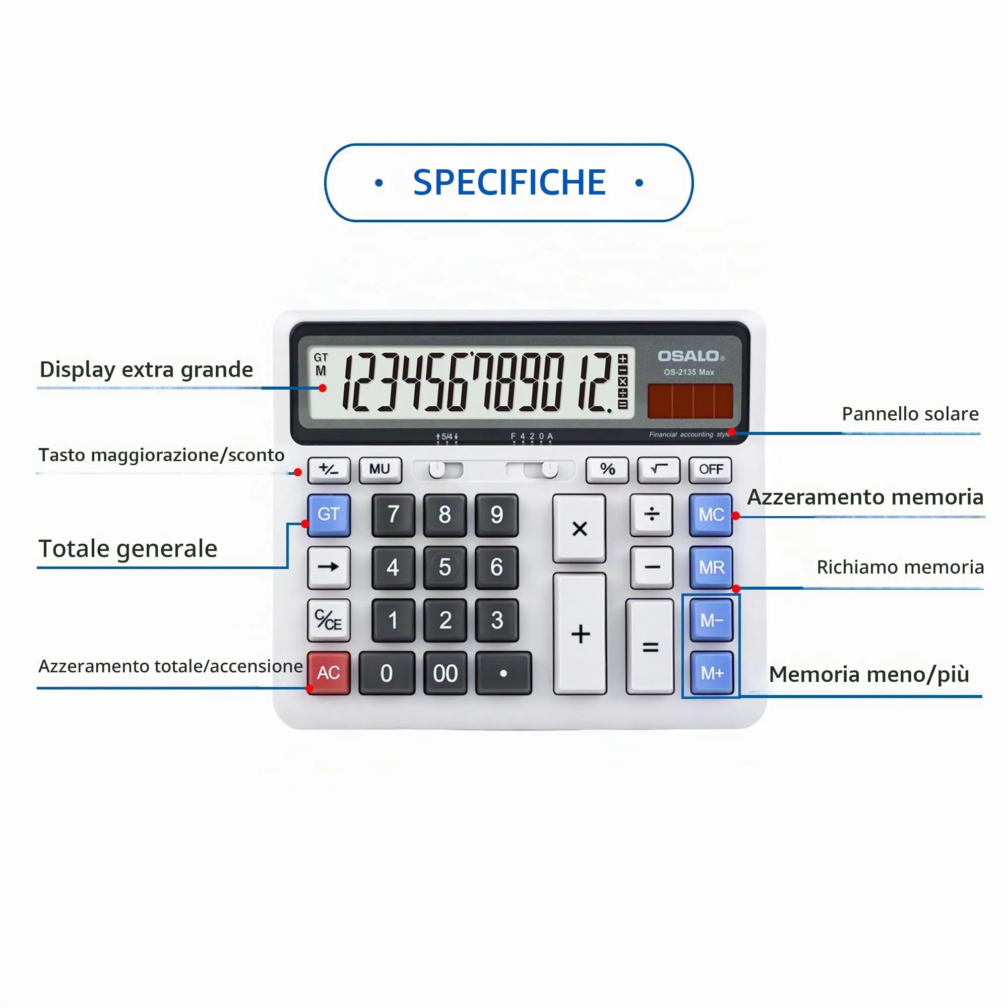 OSALO Calcolatrice da Scrivania 12 Cifre con Display LCD Extra Grande (OS-2135 Pro) - immagine 3