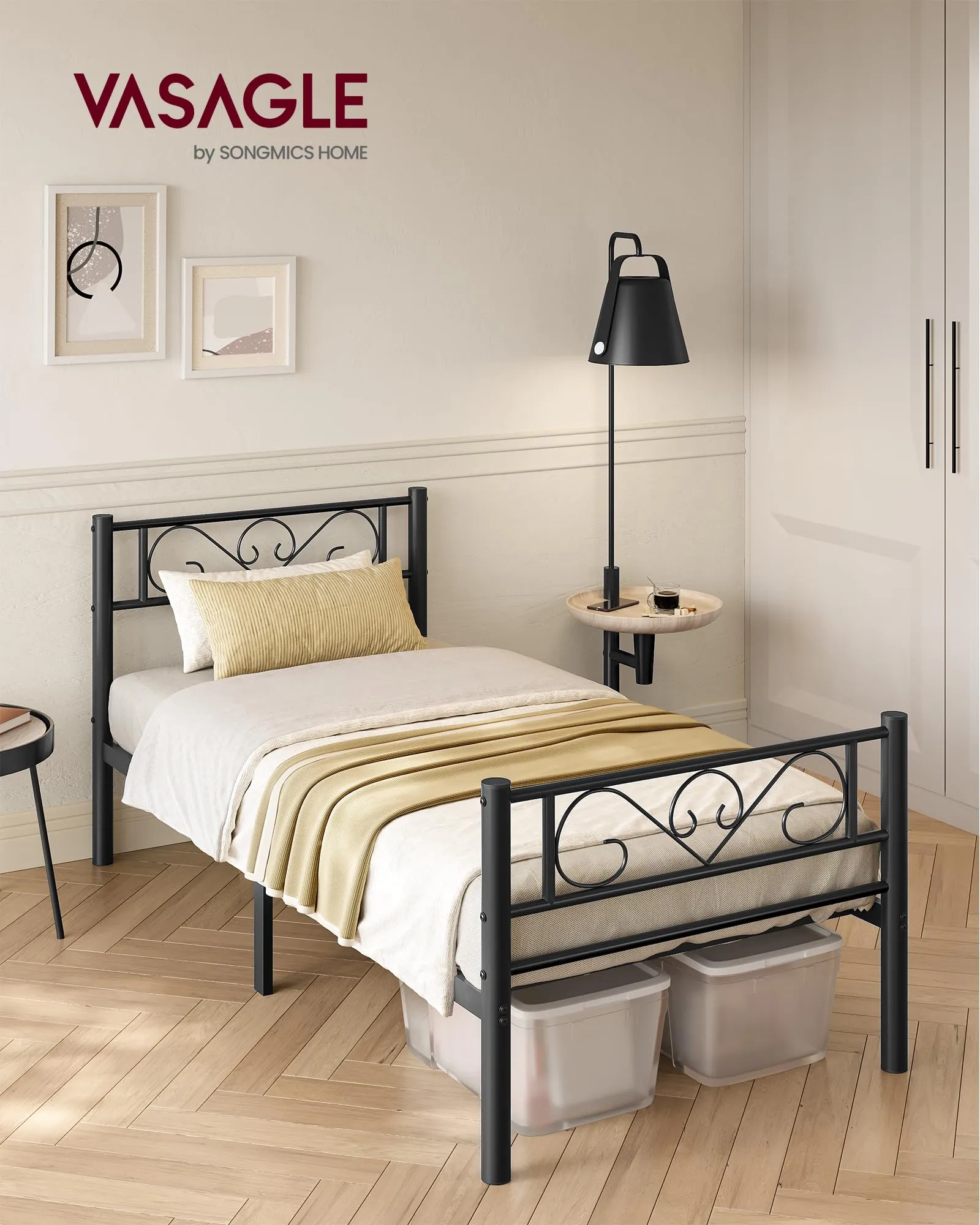 VASAGLE Struttura Letto Singolo in Metallo con Doghe, 90 x 190 cm, Nero Inchiostro RMB061B01 - immagine 2