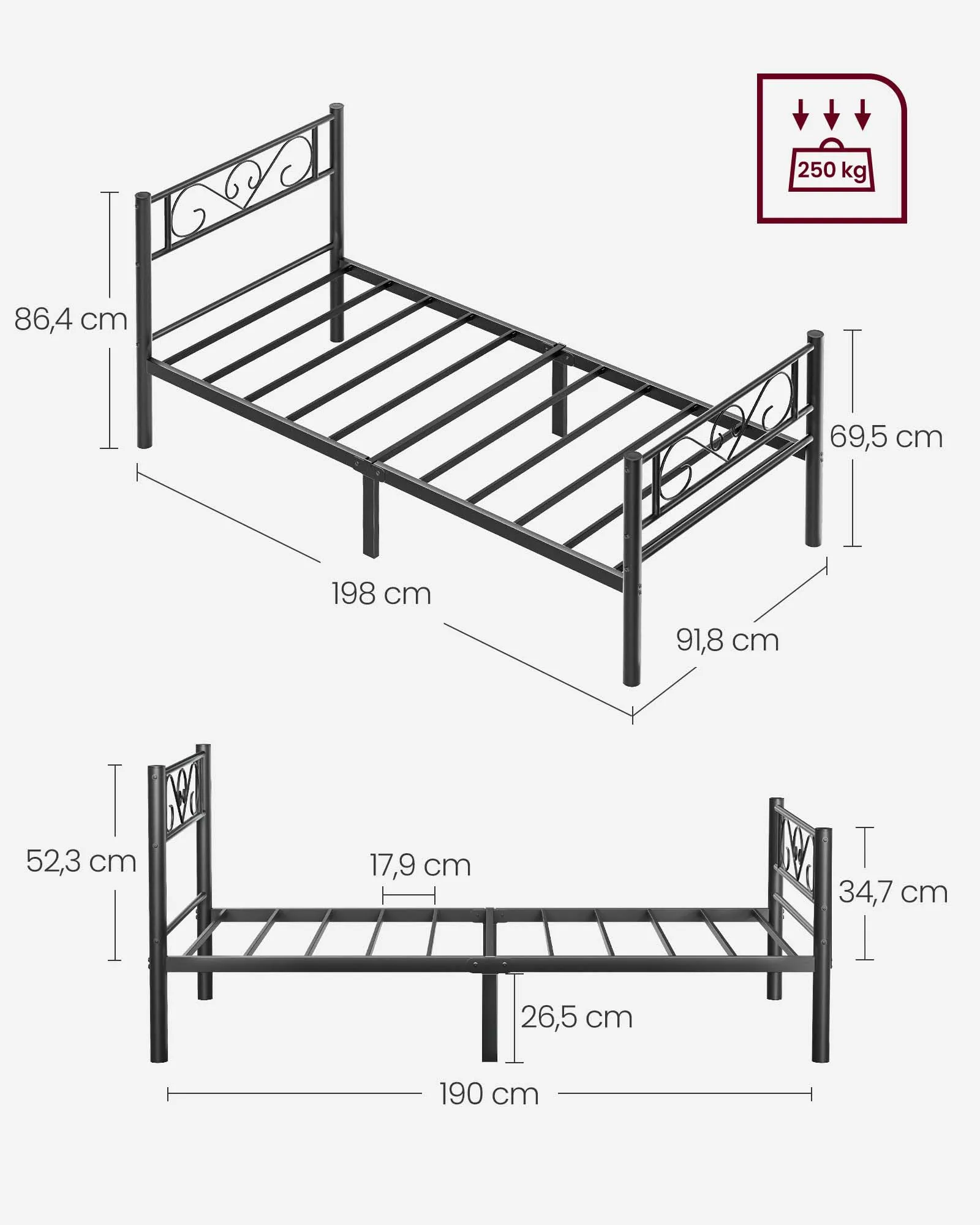 VASAGLE Struttura Letto Singolo in Metallo con Doghe, 90 x 190 cm, Nero Inchiostro RMB061B01 - immagine 5