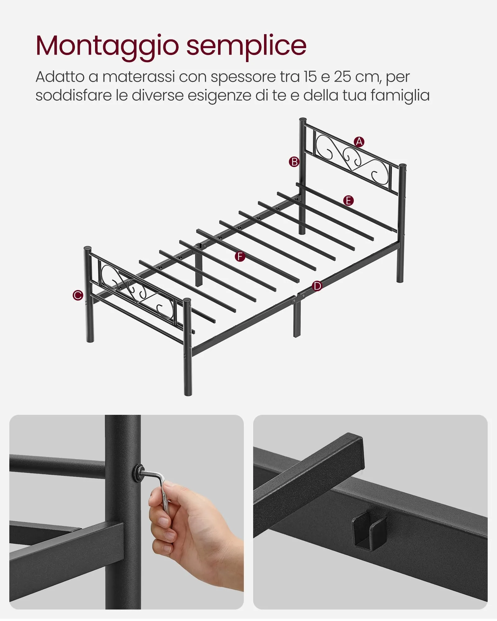 VASAGLE Struttura Letto Singolo in Metallo con Doghe, 90 x 190 cm, Nero Inchiostro RMB061B01 - immagine 8