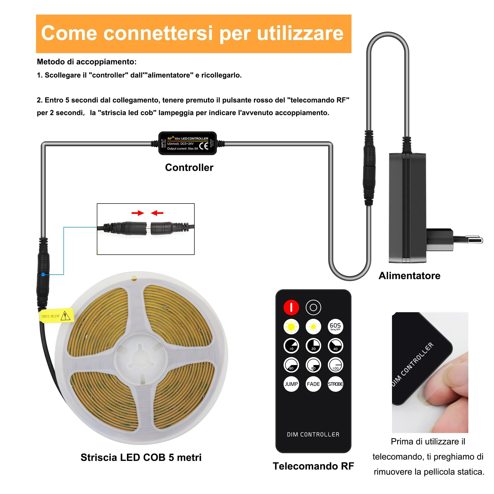 AXMOTUT Striscia LED COB 5m 24V Bianco Naturale 4000K, 320LEDs/m, 8mm, CRI90+, con Alimentatore e Telecomando RF - immagine 4