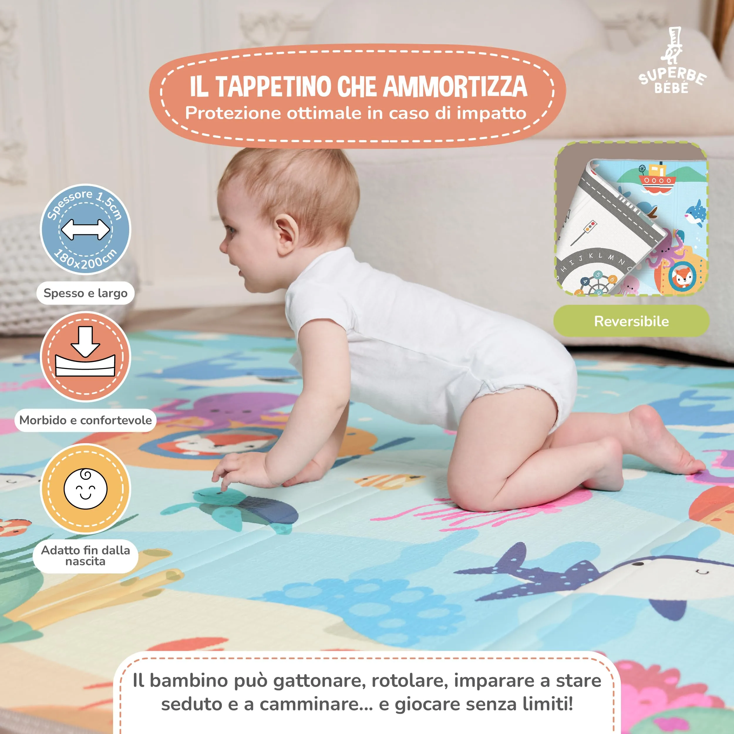 SUPERBE BEBE Tappeto Gioco Bambini Pieghevole 180x200x1.5cm Montessori Reversibile in Schiuma - immagine 2