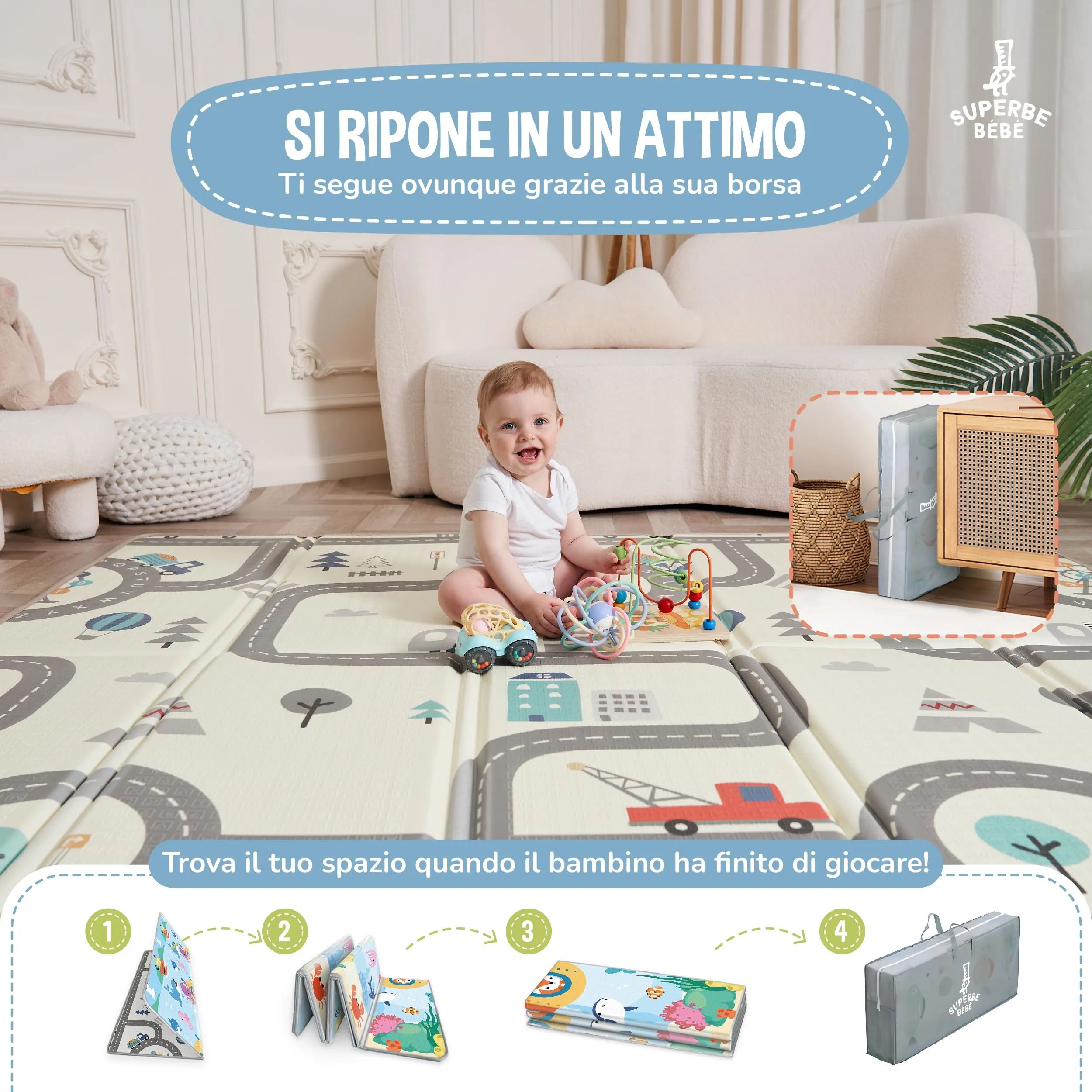 SUPERBE BEBE Tappeto Gioco Bambini Pieghevole 180x200x1.5cm Montessori Reversibile in Schiuma - immagine 3