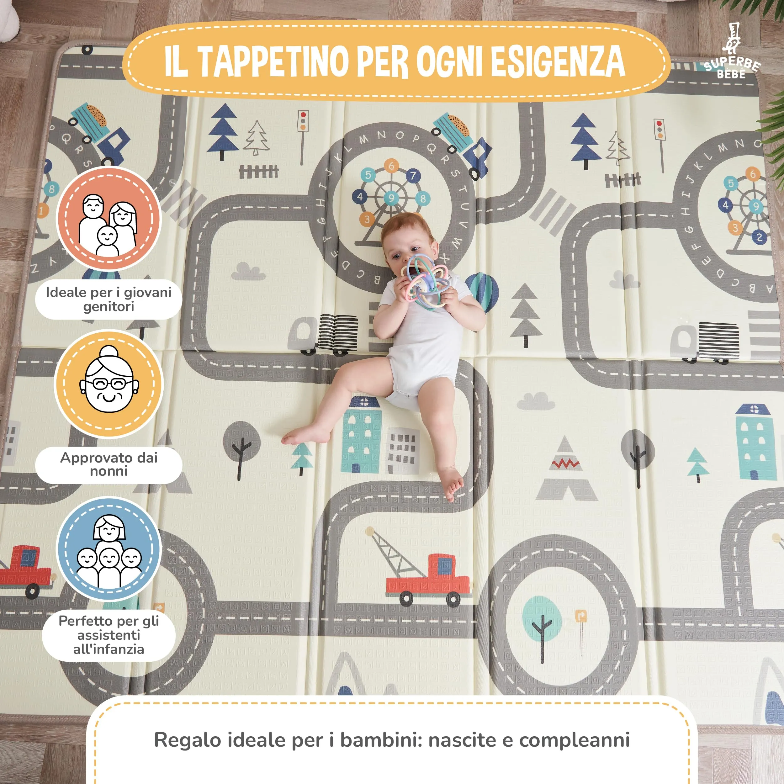 SUPERBE BEBE Tappeto Gioco Bambini Pieghevole 180x200x1.5cm Montessori Reversibile in Schiuma - immagine 4