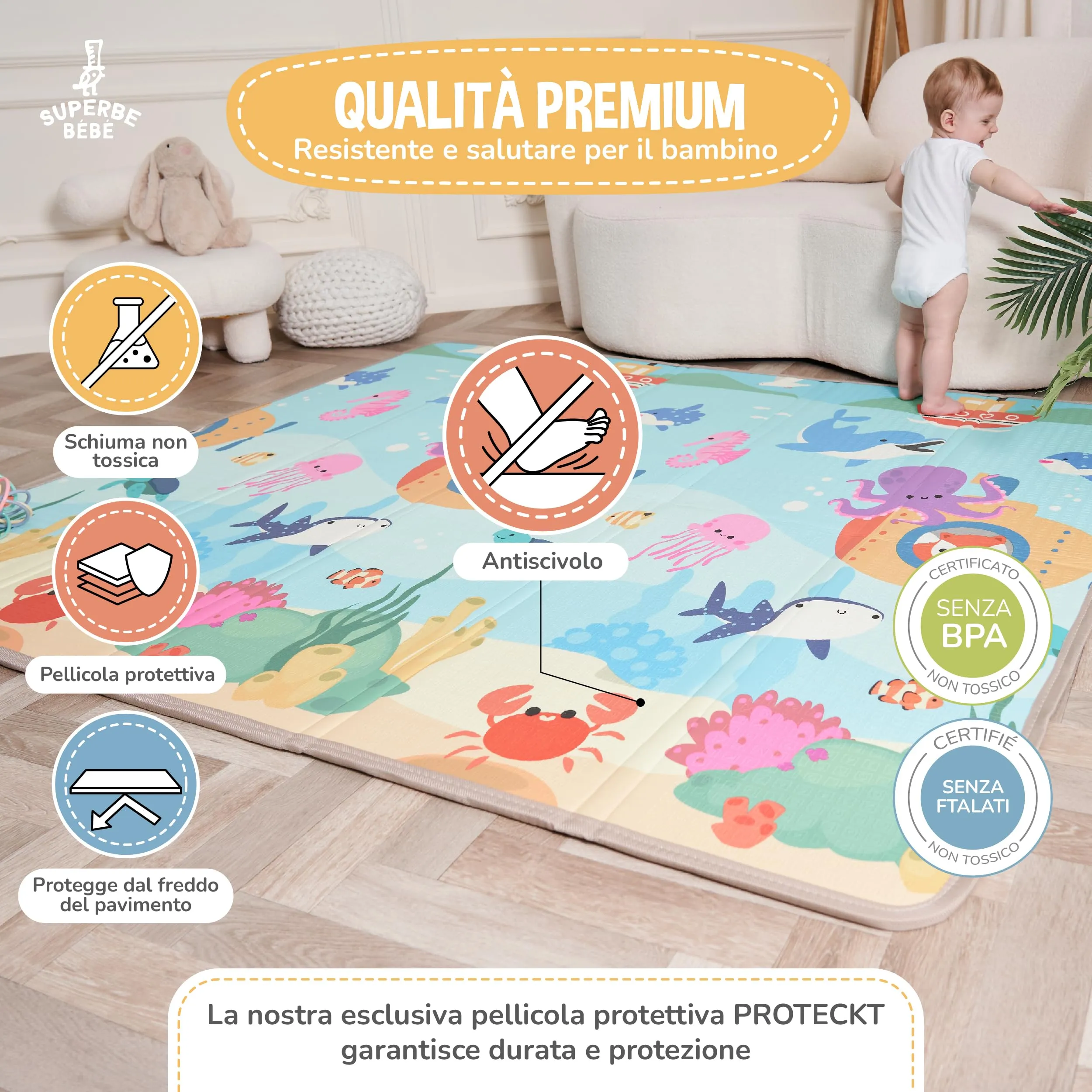 SUPERBE BEBE Tappeto Gioco Bambini Pieghevole 180x200x1.5cm Montessori Reversibile in Schiuma - immagine 5