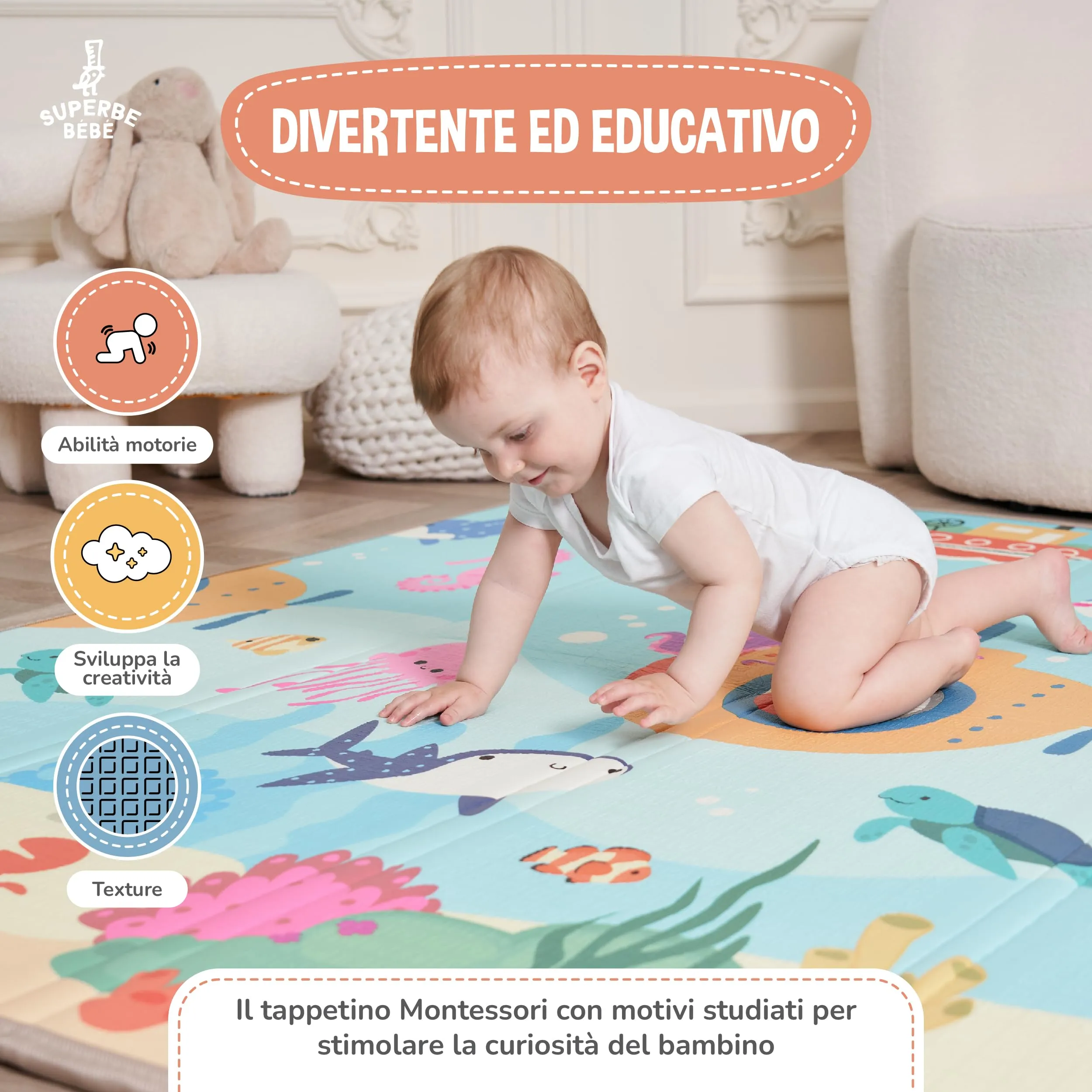 SUPERBE BEBE Tappeto Gioco Bambini Pieghevole 180x200x1.5cm Montessori Reversibile in Schiuma - immagine 6