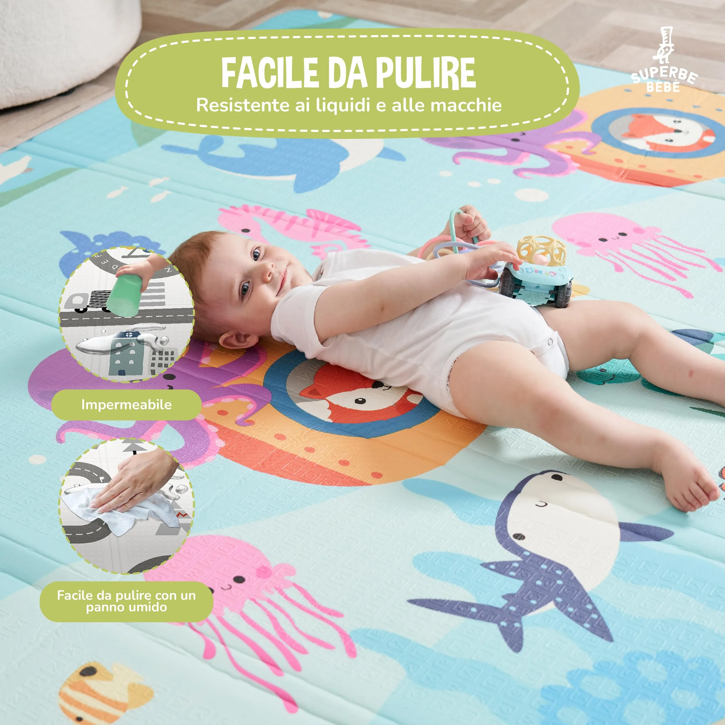 SUPERBE BEBE Tappeto Gioco Bambini Pieghevole 180x200x1.5cm Montessori Reversibile in Schiuma - immagine 8