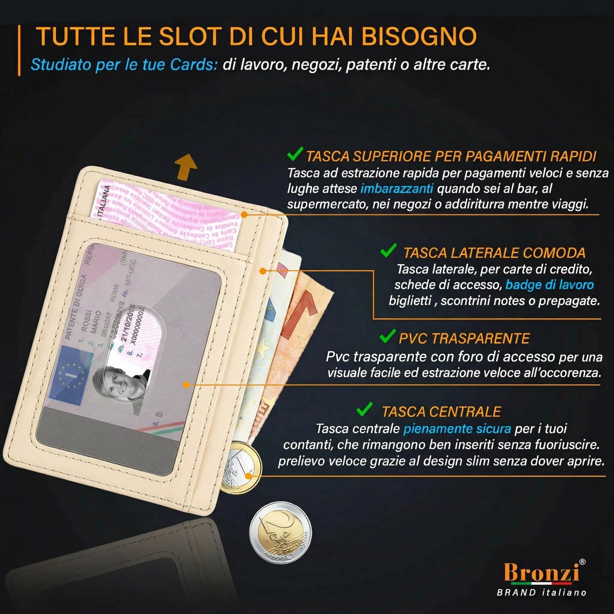 Bronzi Portafoglio Porta Carte di Credito Slim Protezione RFID - immagine 3