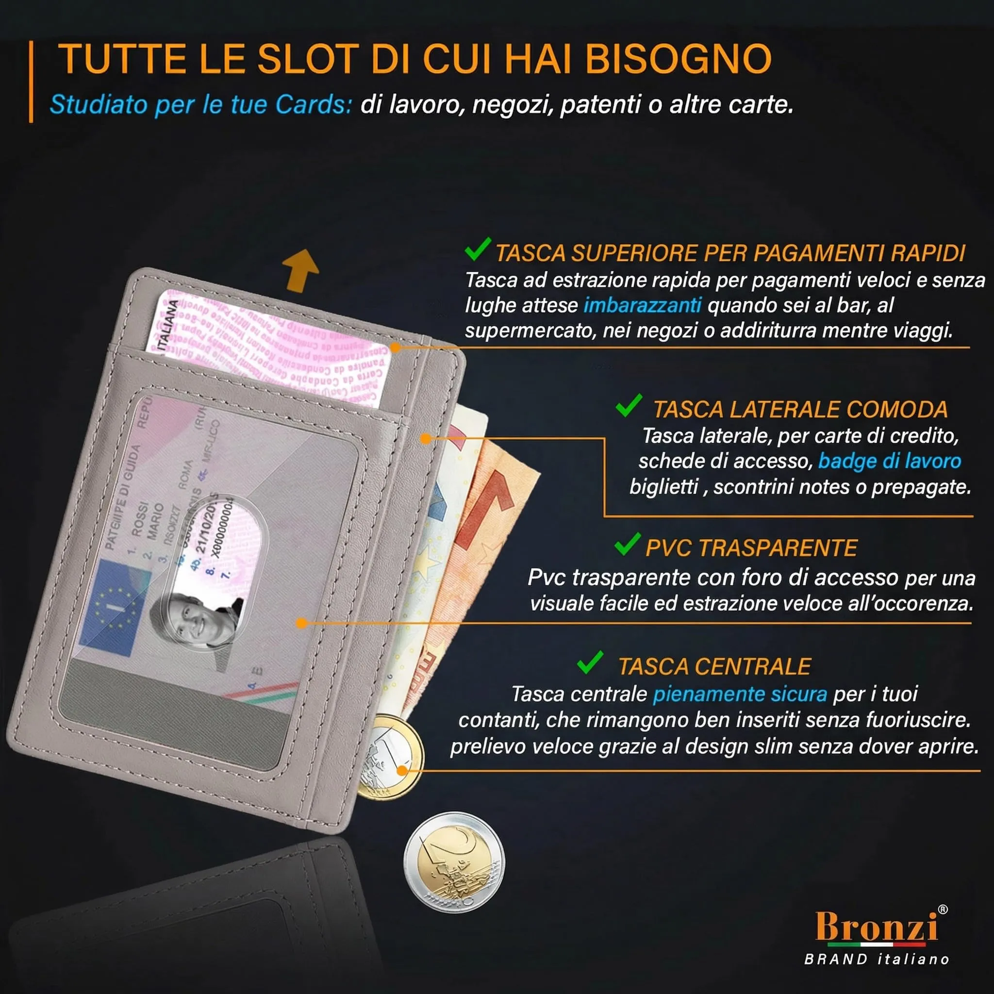 Bronzi Portafoglio Uomo Slim Piccolo con Protezione RFID e Portamonete - immagine 3