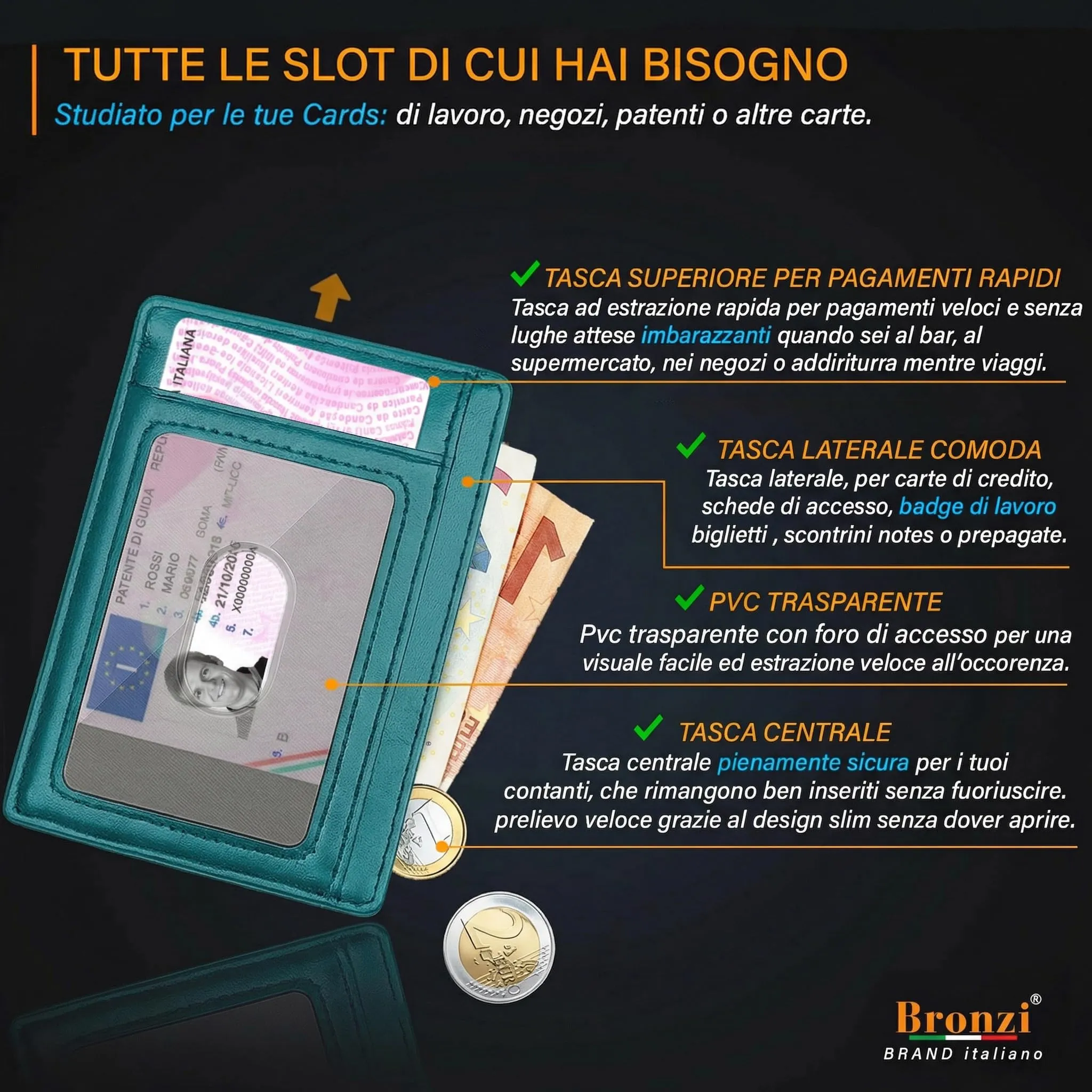 Bronzi Portafoglio Uomo Slim Piccolo Portacarte con Protezione RFID e Portamonete - immagine 3