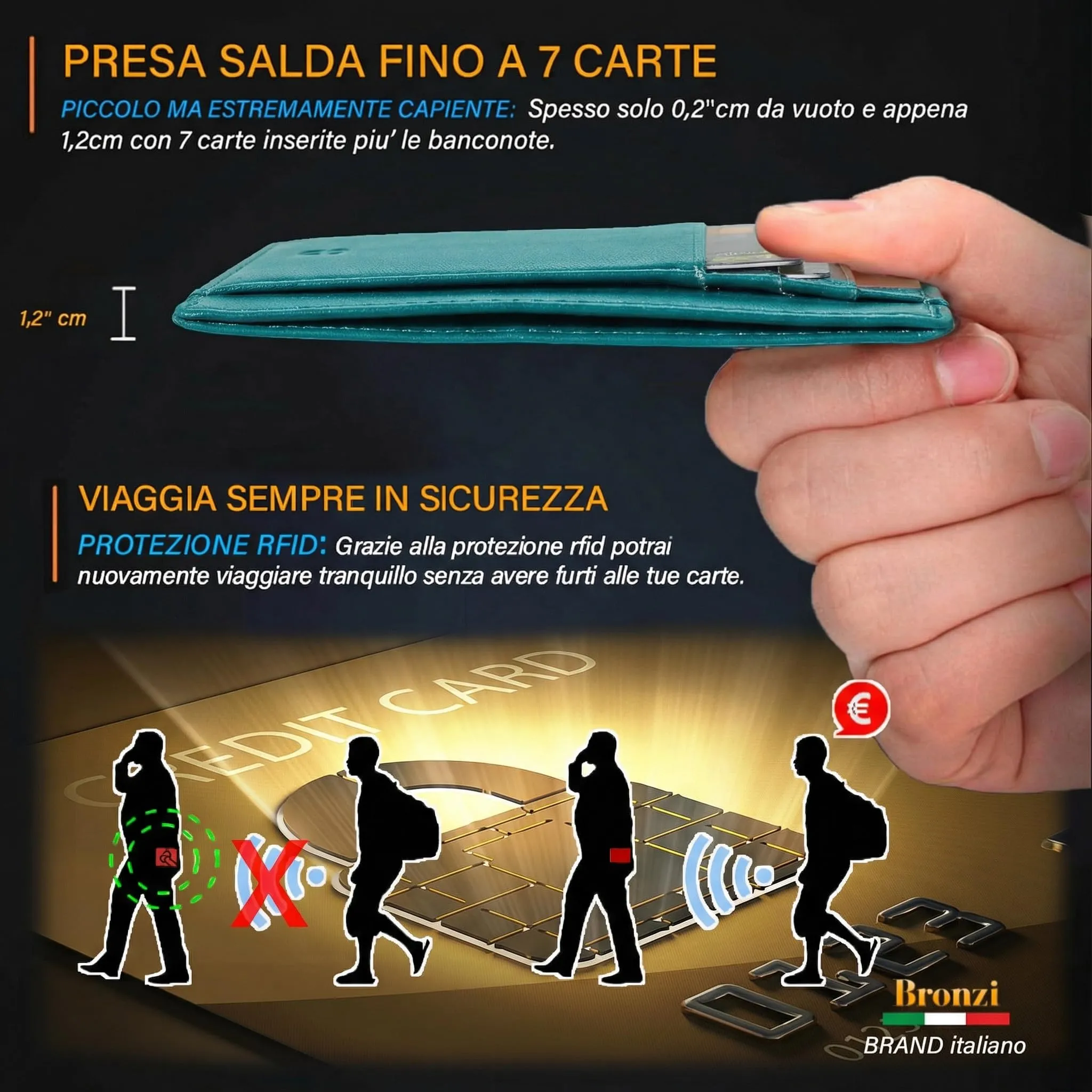 Bronzi Portafoglio Uomo Slim Piccolo Portacarte con Protezione RFID e Portamonete - immagine 4