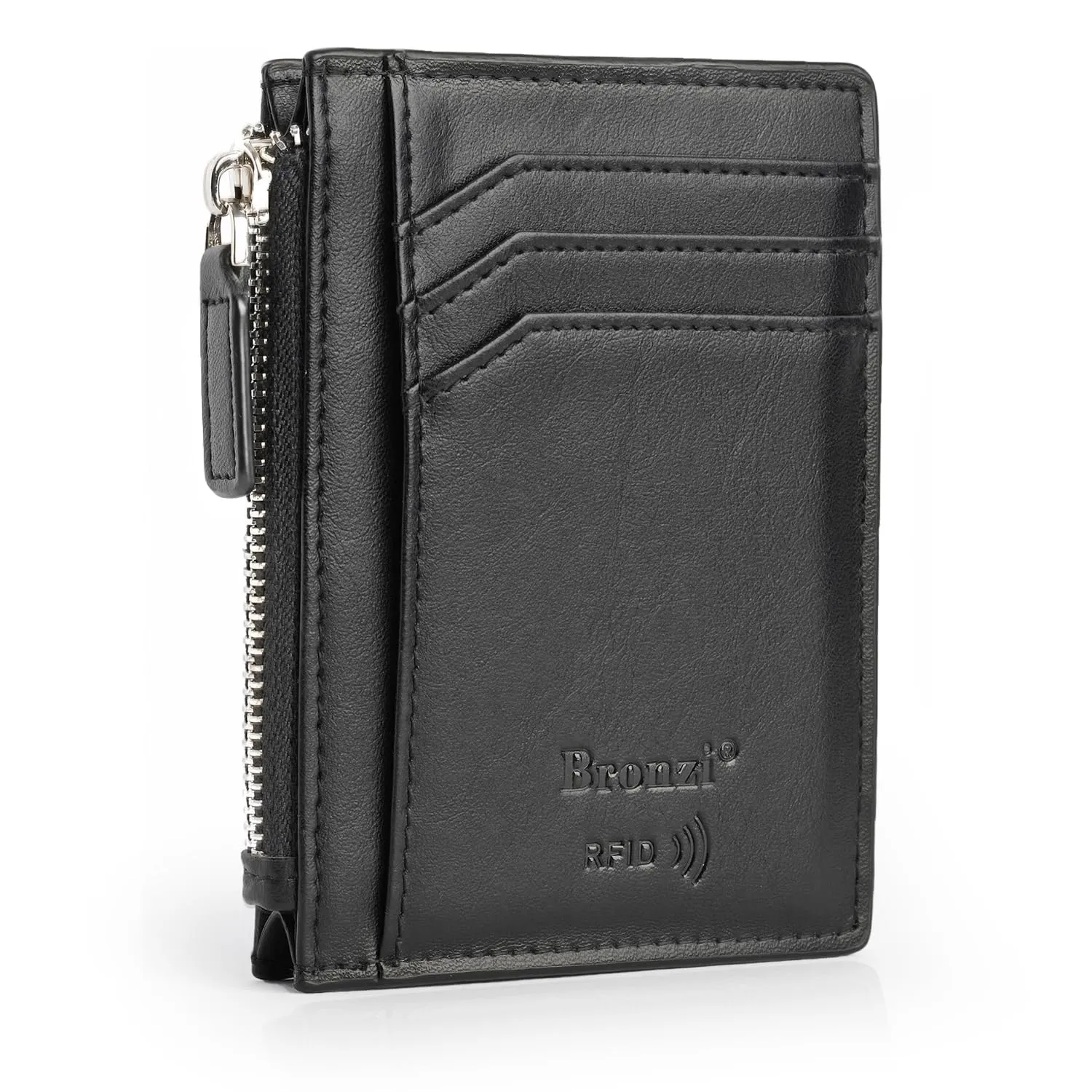 Bronzi Portafoglio Porta Carte Credito Slim con Protezione RFID, Zip Nero - immagine 1