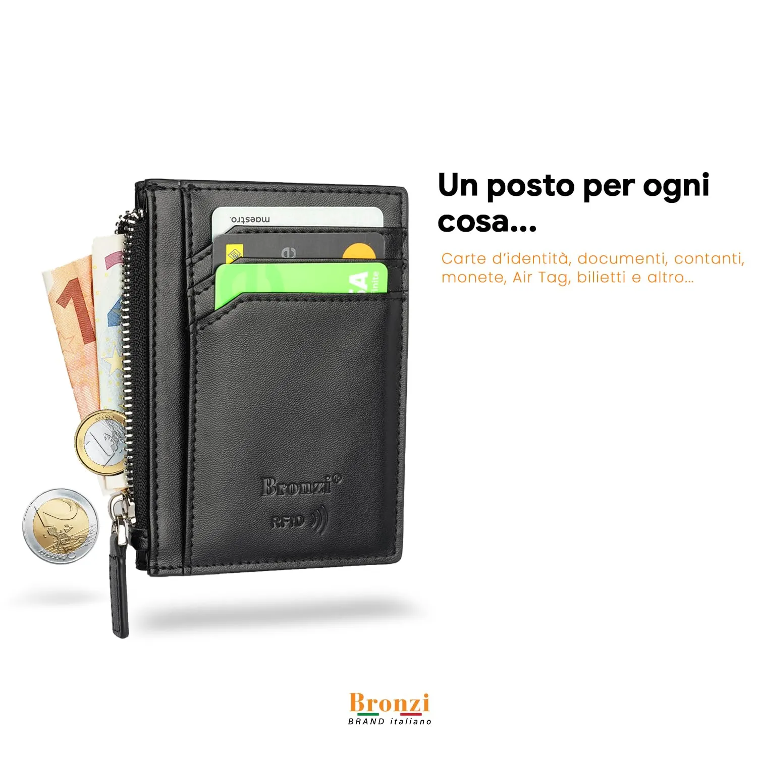 Bronzi Portafoglio Porta Carte Credito Slim con Protezione RFID, Zip Nero - immagine 2
