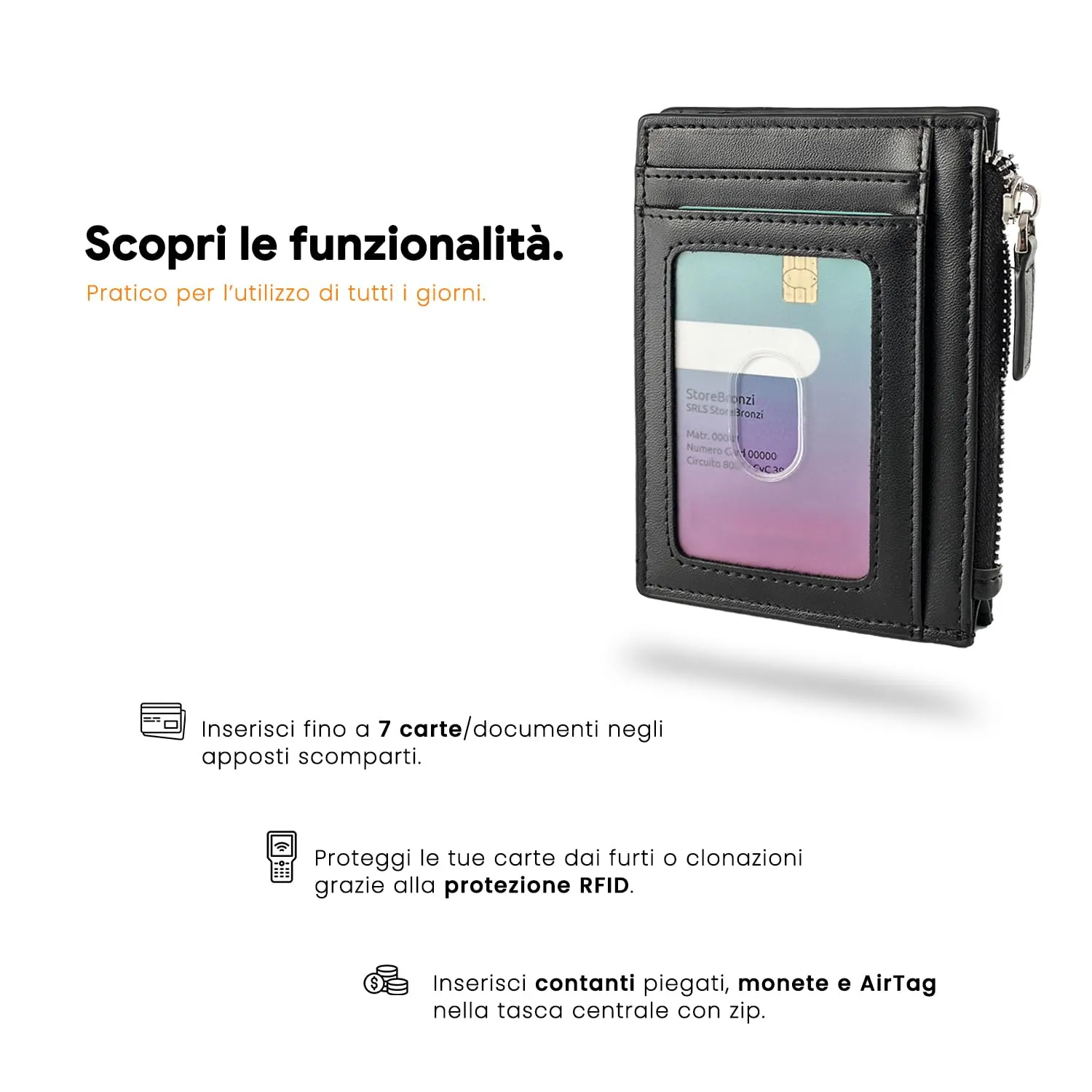 Bronzi Portafoglio Porta Carte Credito Slim con Protezione RFID, Zip Nero - immagine 3