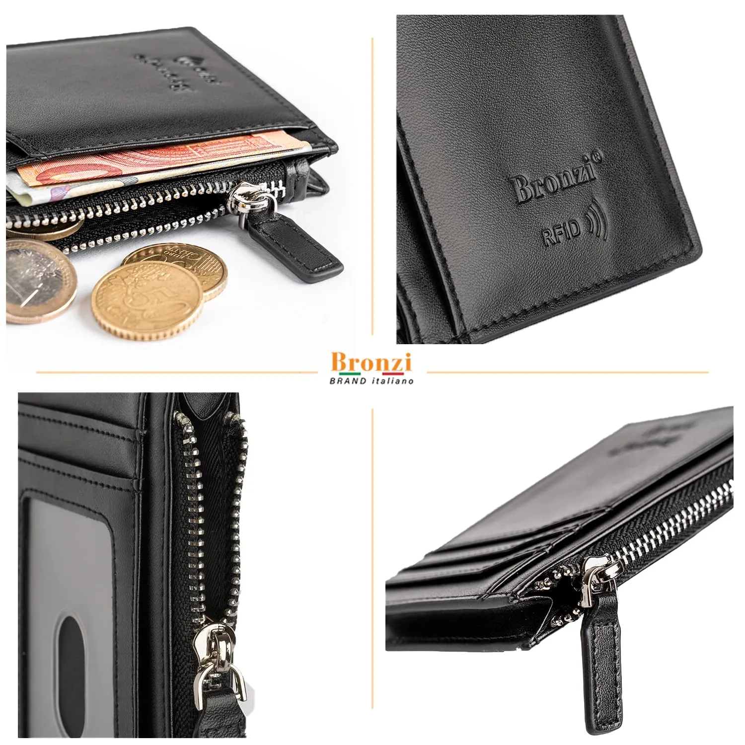 Bronzi Portafoglio Porta Carte Credito Slim con Protezione RFID, Zip Nero - immagine 5