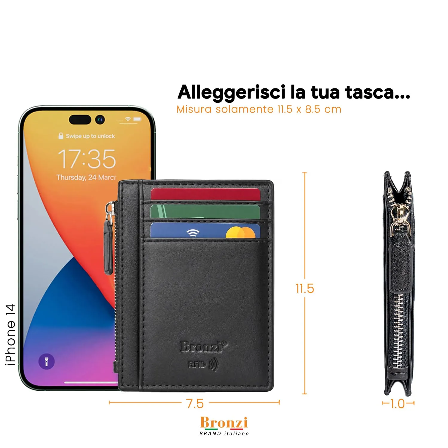 Bronzi Portafoglio Porta Carte Credito Slim con Protezione RFID, Zip Nero - immagine 6