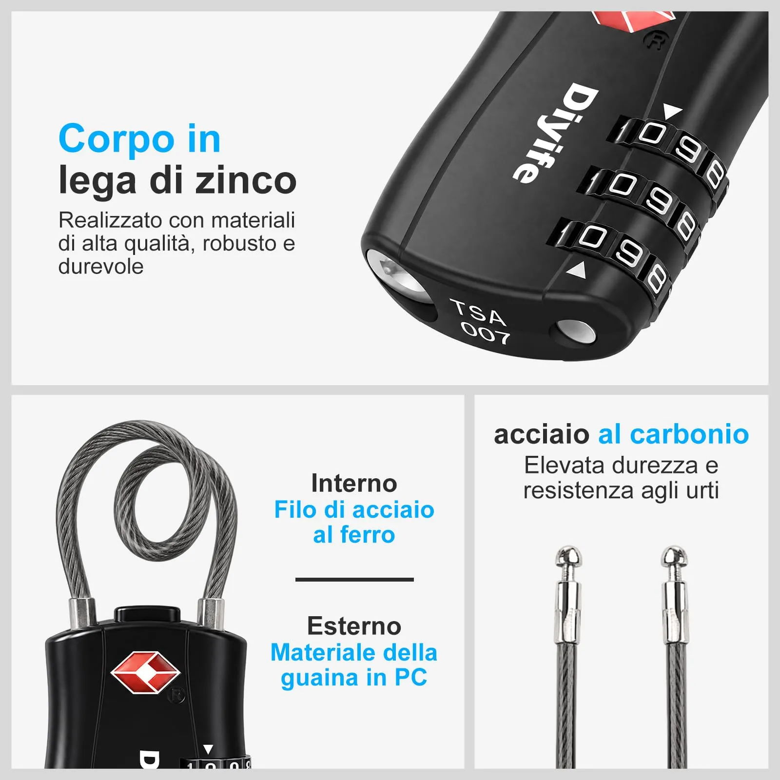 Diyife Lucchetti TSA per Valigie, 4 Pezzi, Nero, Blu, Rosso, Arancia - immagine 4