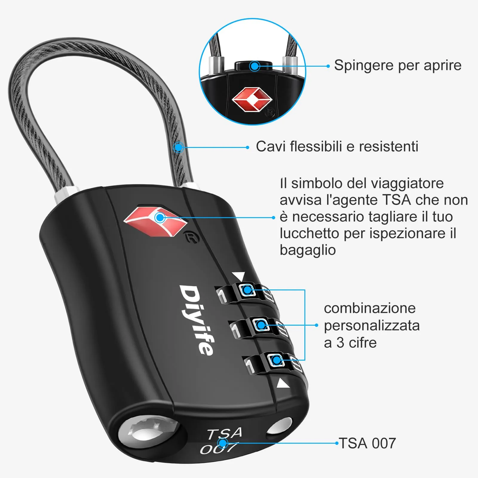 Diyife Lucchetto TSA per Valigia, 3 Pezzi (Nero, Blu, Rosso) - immagine 6