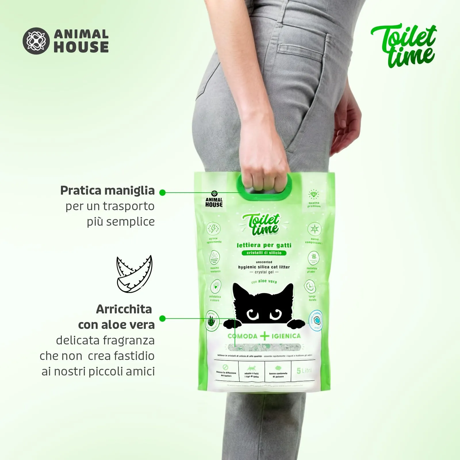 Animal House Toilet Time Lettiera in Cristalli di Silicio per Gatti Aloe, 5L - immagine 4