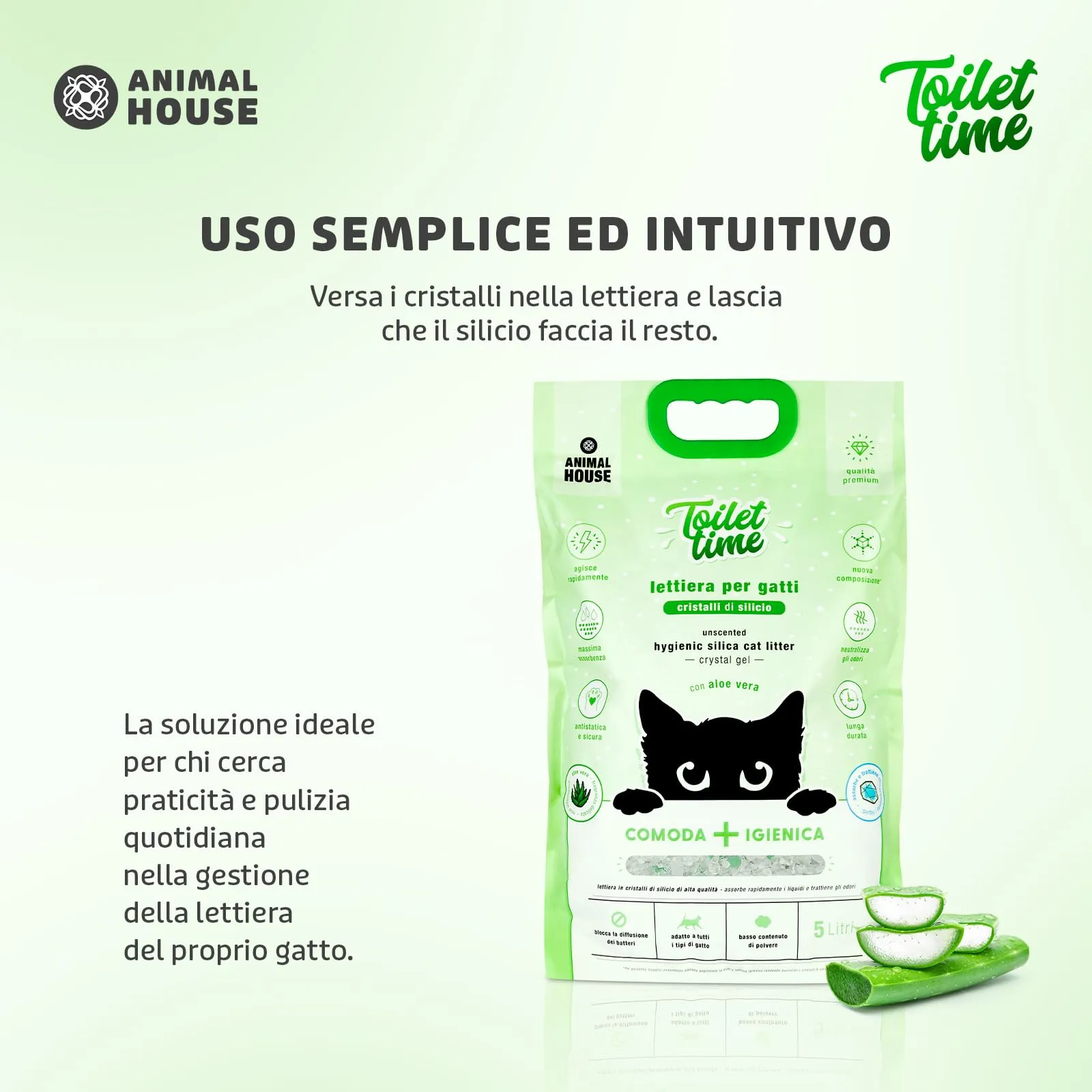 Animal House Toilet Time Lettiera in Cristalli di Silicio per Gatti Aloe, 5L - immagine 6