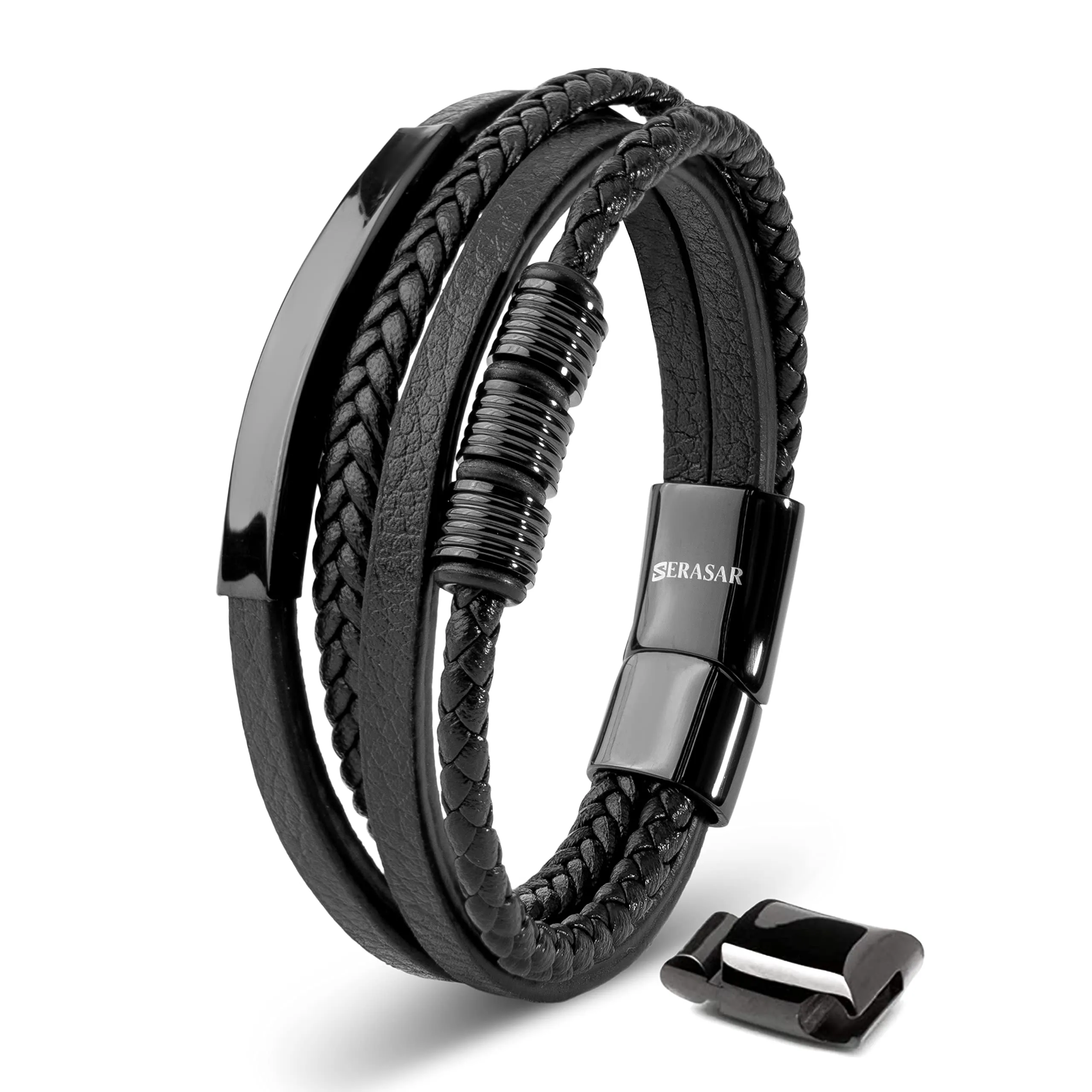 SERASAR Bracciale Uomo in Pelle Nera e Acciaio Inossidabile, 23cm - immagine 1