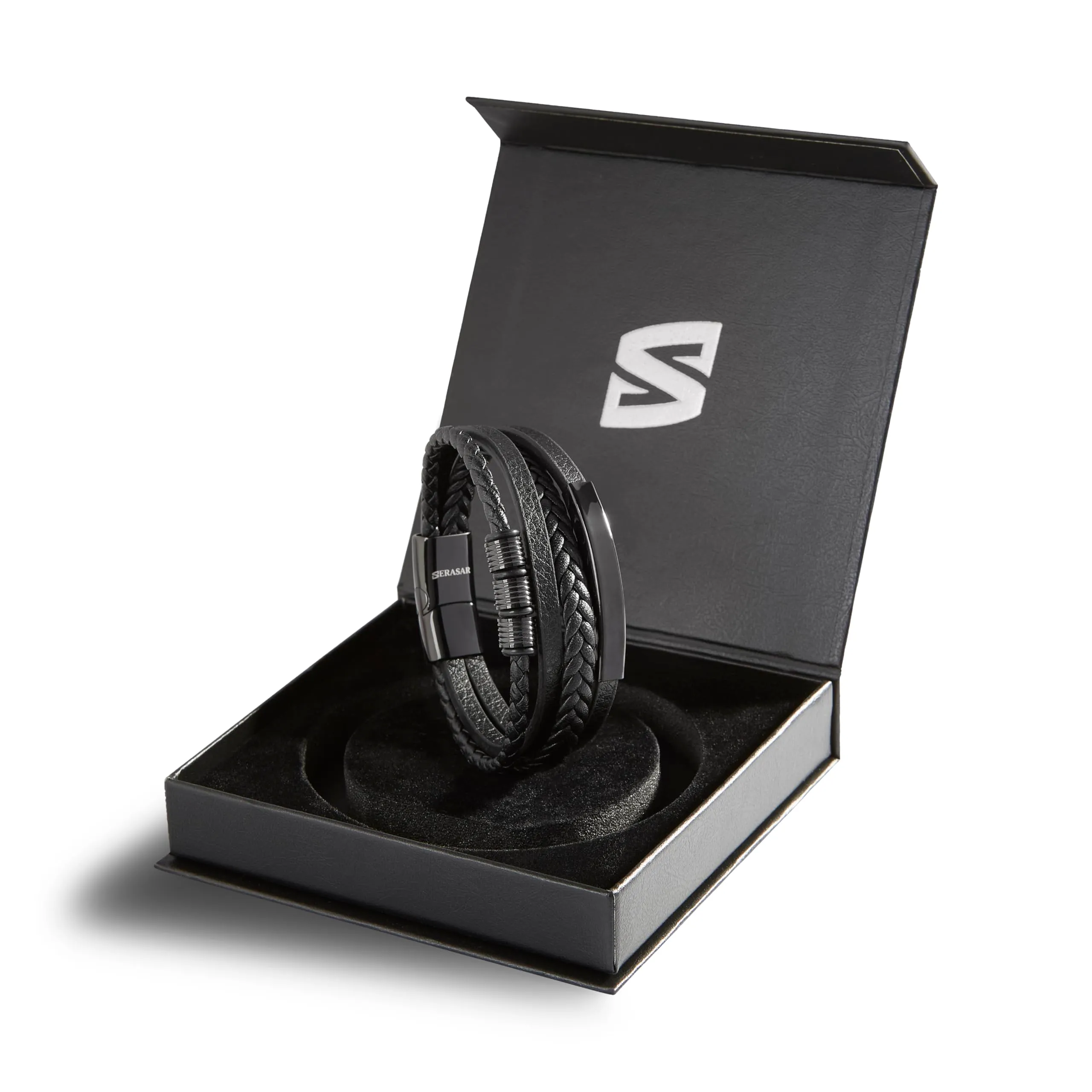 SERASAR Bracciale Uomo in Pelle Nera e Acciaio Inossidabile, 23cm - immagine 2