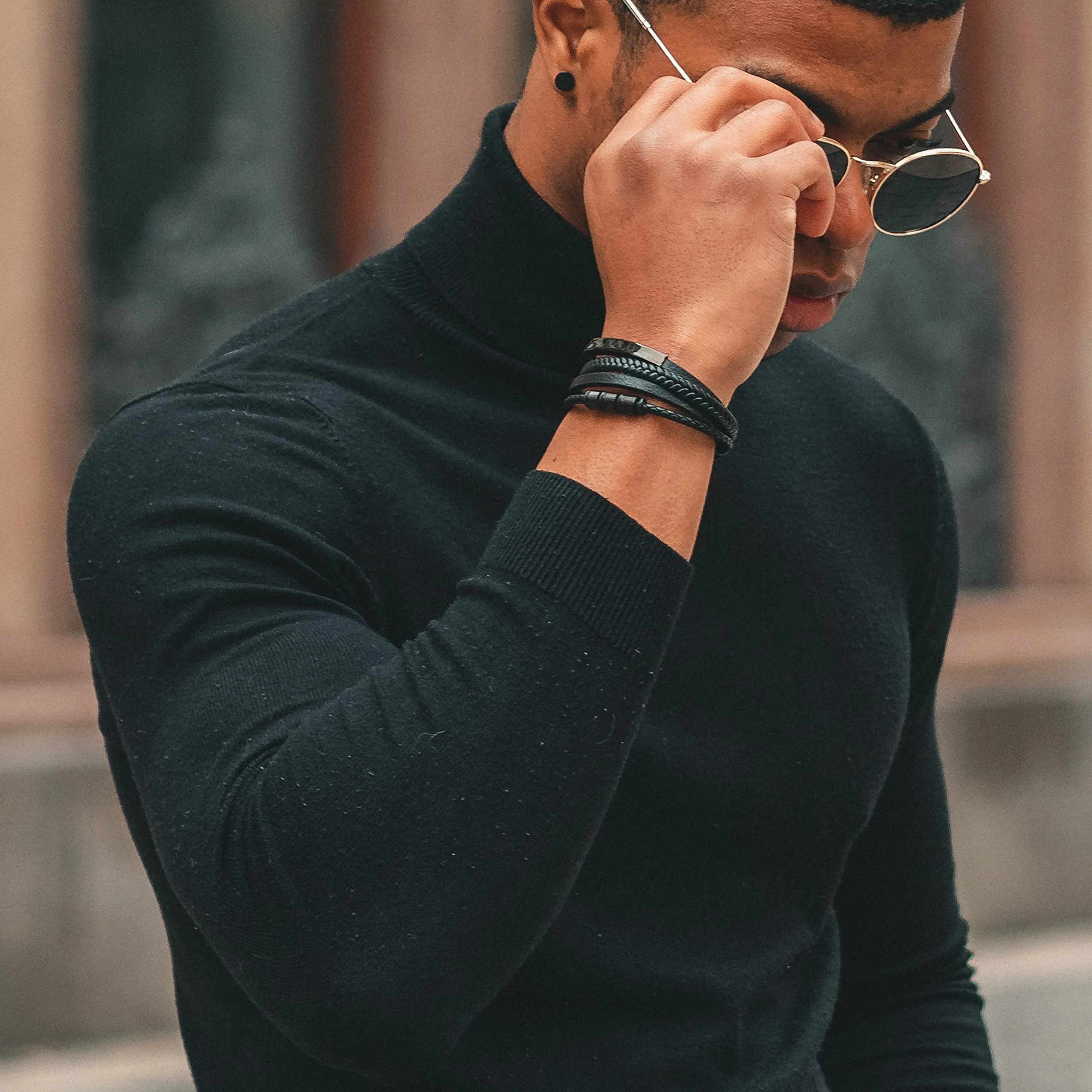 SERASAR Bracciale Uomo in Pelle Nera e Acciaio Inossidabile, 23cm - immagine 3