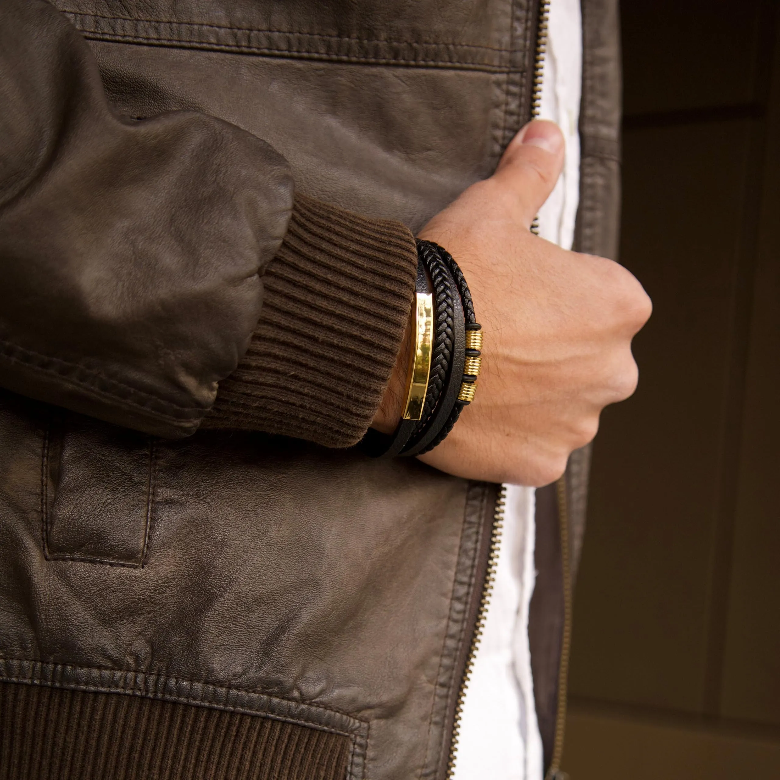 SERASAR Bracciale Uomo in Pelle Nera, 23cm - immagine 5