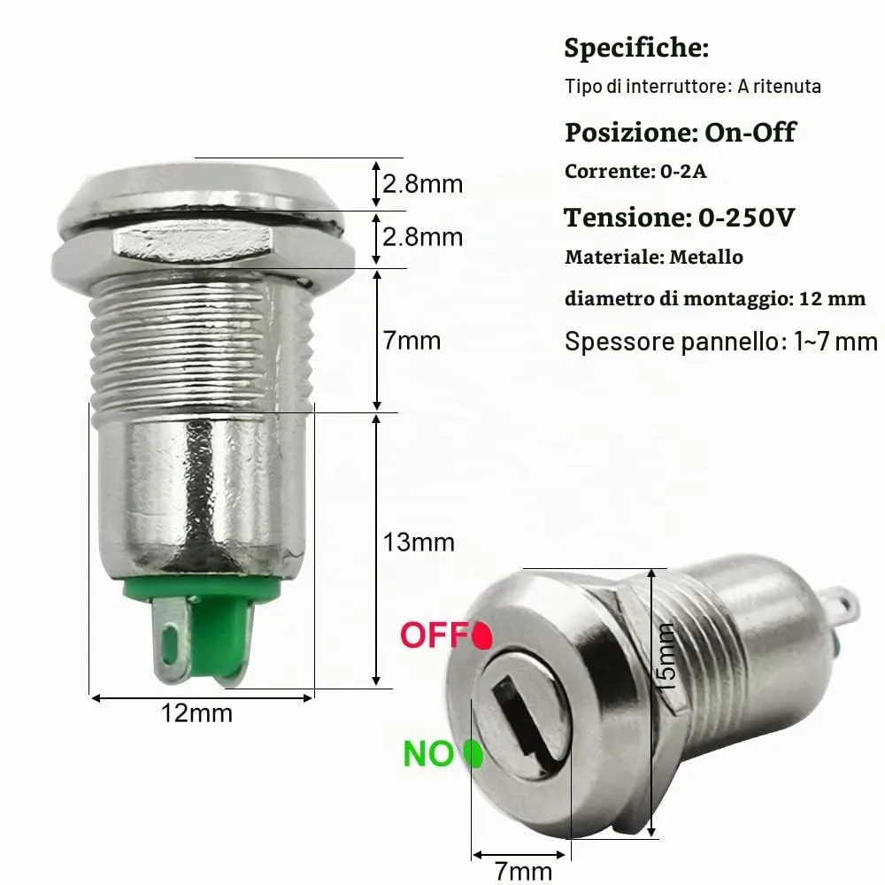 Gebildet Interruttore di Blocco a Chiave in Metallo 12mm ON/OFF (Confezione da 5) - immagine 4