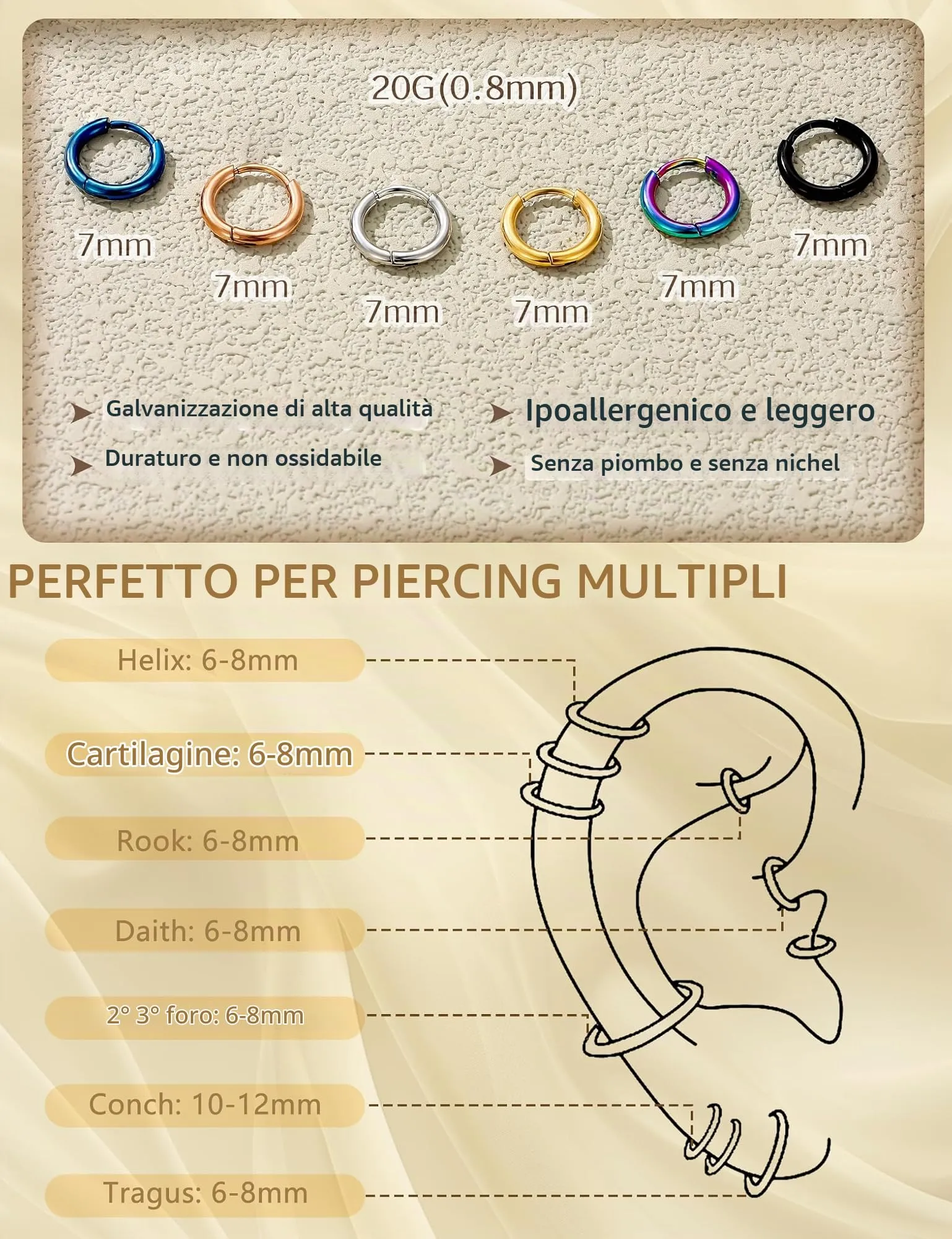 Milacolato Orecchini a Cerchio Piccoli in Acciaio Chirurgico 316L, 7 mm - immagine 3