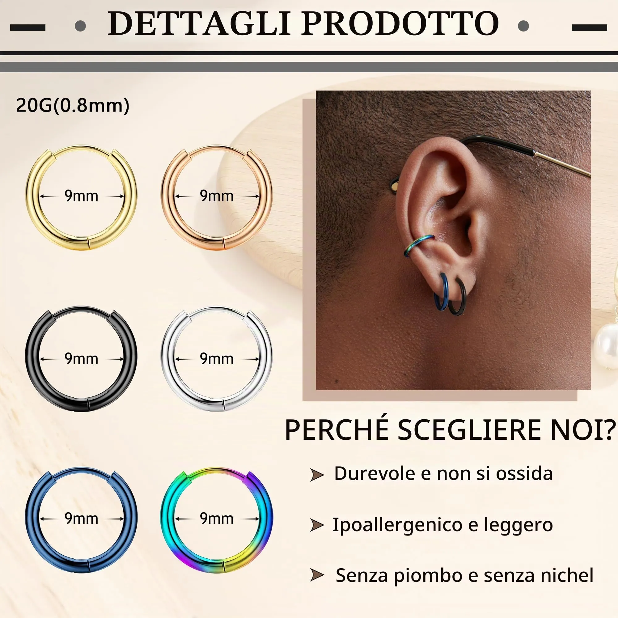 Milacolato Orecchini a Cerchio Piccoli in Acciaio Chirurgico 316L, 9 mm - immagine 3
