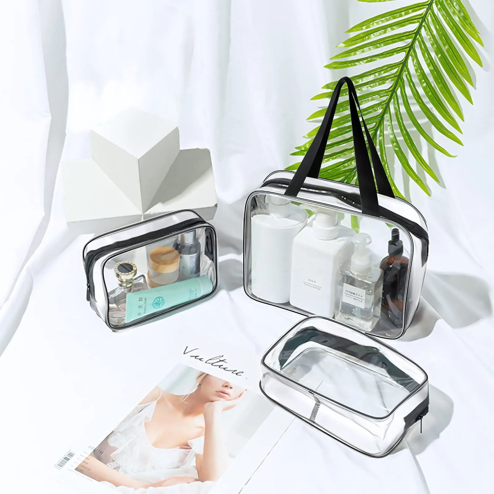 Aucuu Beauty Case Trasparente, Set di 3 Borse da Toilette Impermeabili per Viaggio e Cosmetici - immagine 4