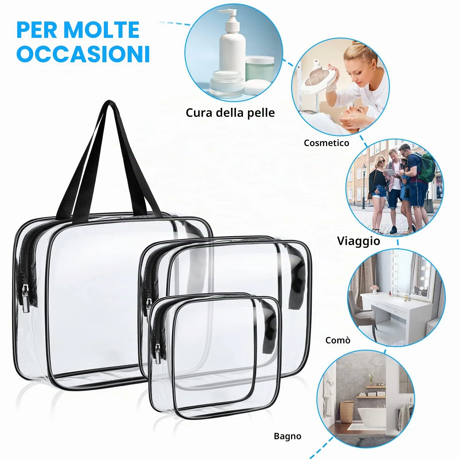 Aucuu Beauty Case Trasparente, Set di 3 Borse da Toilette Impermeabili per Viaggio e Cosmetici - immagine 6