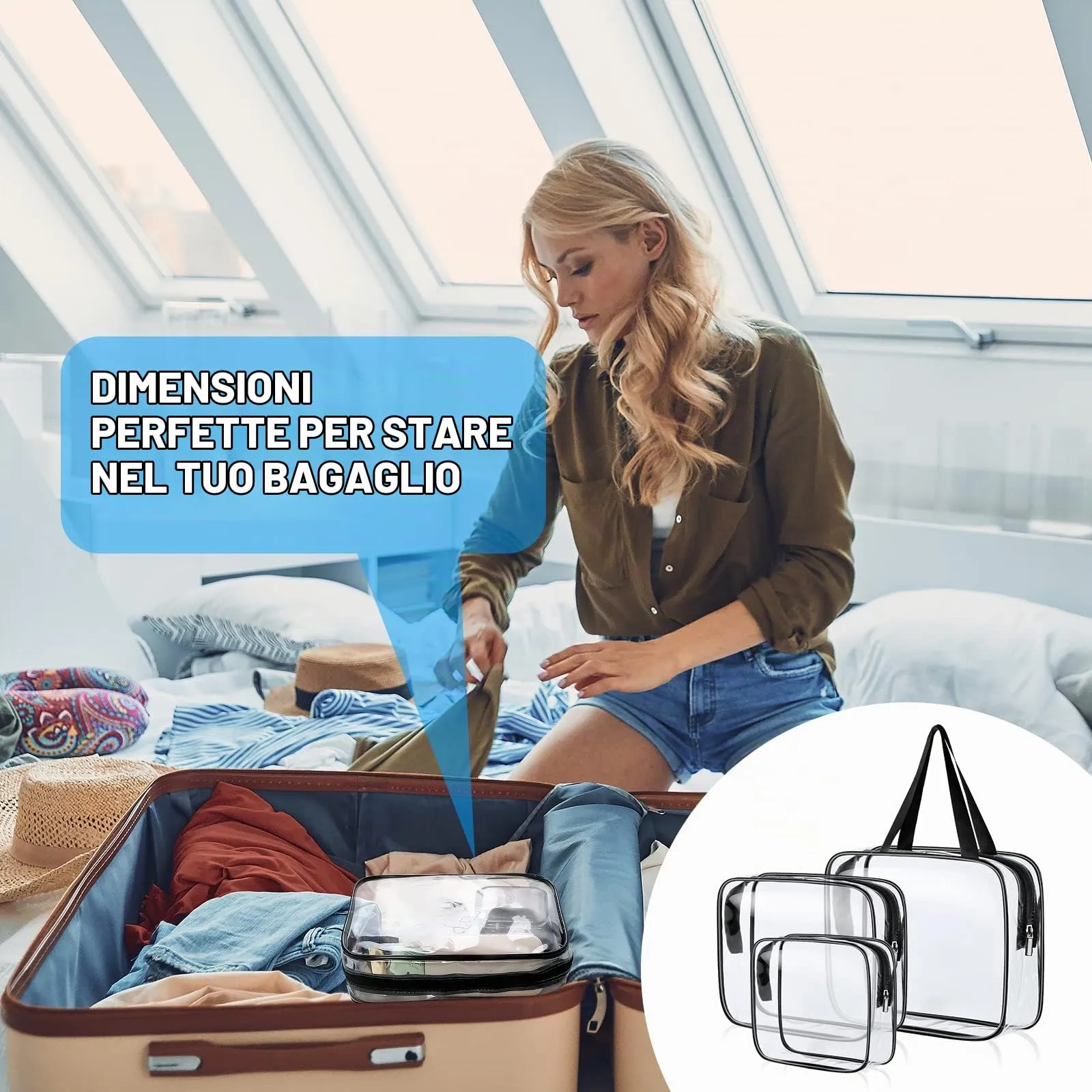 Aucuu Beauty Case Trasparente, Set di 3 Borse da Toilette Impermeabili per Viaggio e Cosmetici - immagine 7