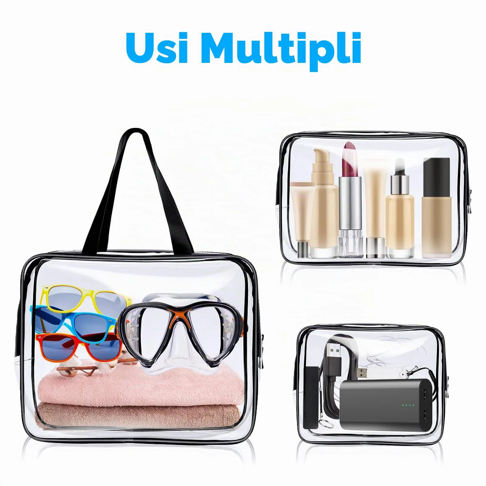 Aucuu Beauty Case Trasparente, Set di 3 Borse da Toilette Impermeabili per Viaggio e Cosmetici - immagine 8