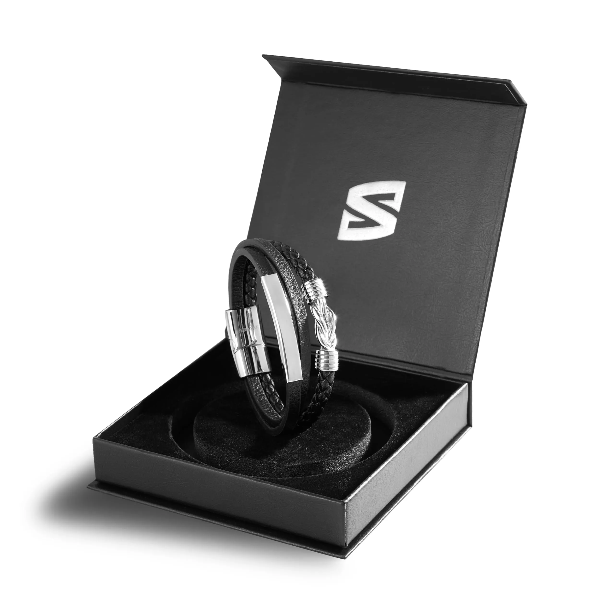 SERASAR Bracciale Uomo in Pelle Nera, 23cm - immagine 2