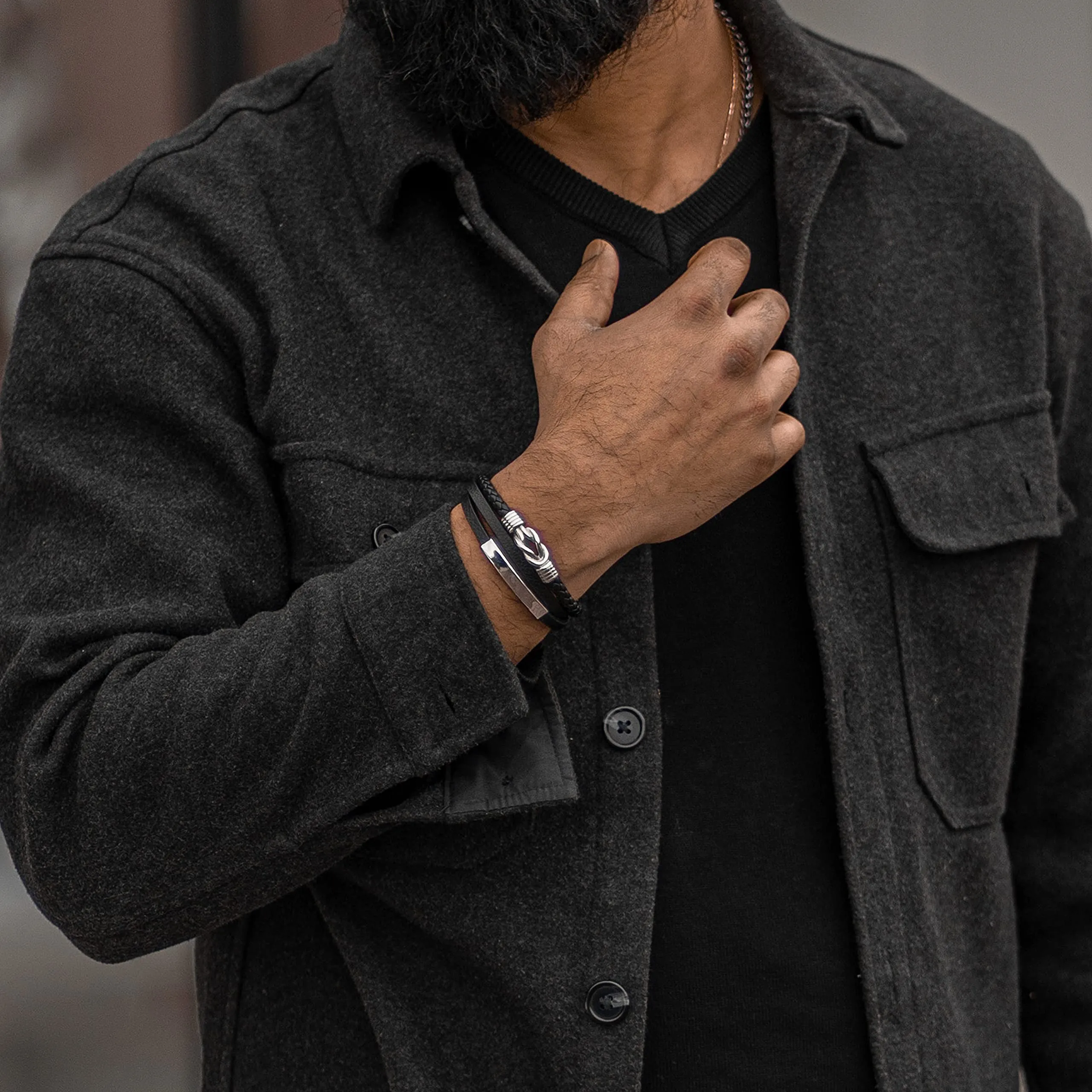 SERASAR Bracciale Uomo in Pelle Nera, 23cm - immagine 4
