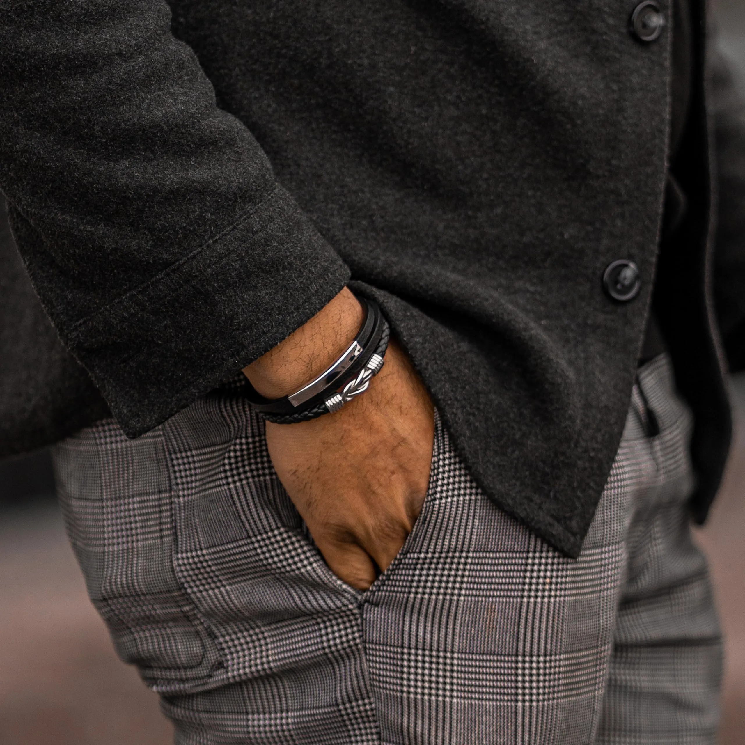 SERASAR Bracciale Uomo in Pelle Nera, 23cm - immagine 5