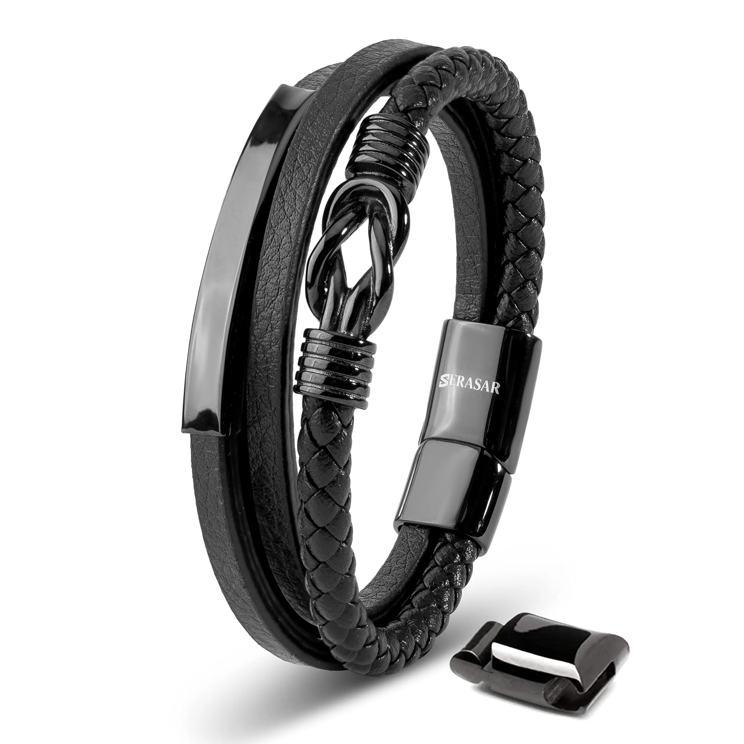 SERASAR Bracciale Uomo in Cuoio Nero, 17cm - immagine 1