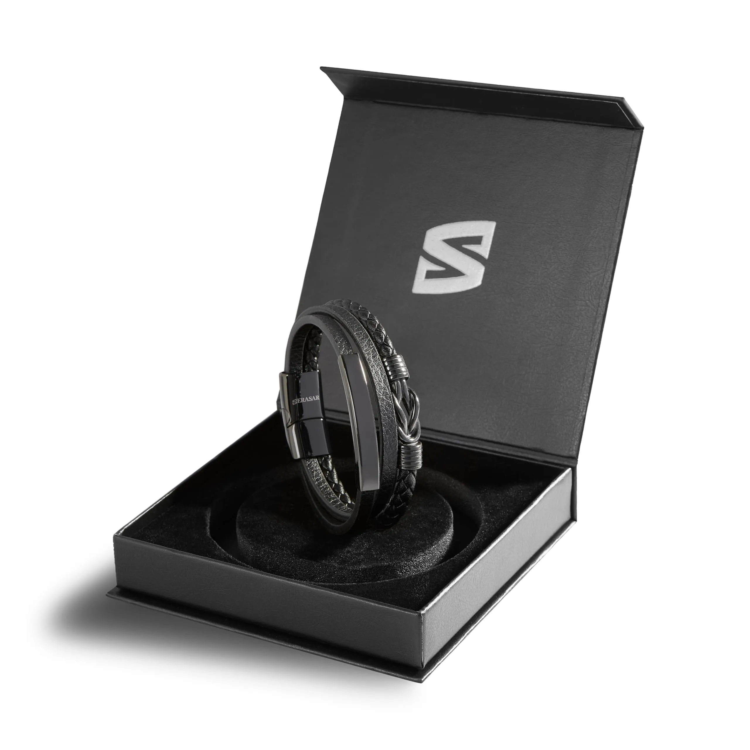 SERASAR Bracciale Uomo in Cuoio Nero, 17cm - immagine 2