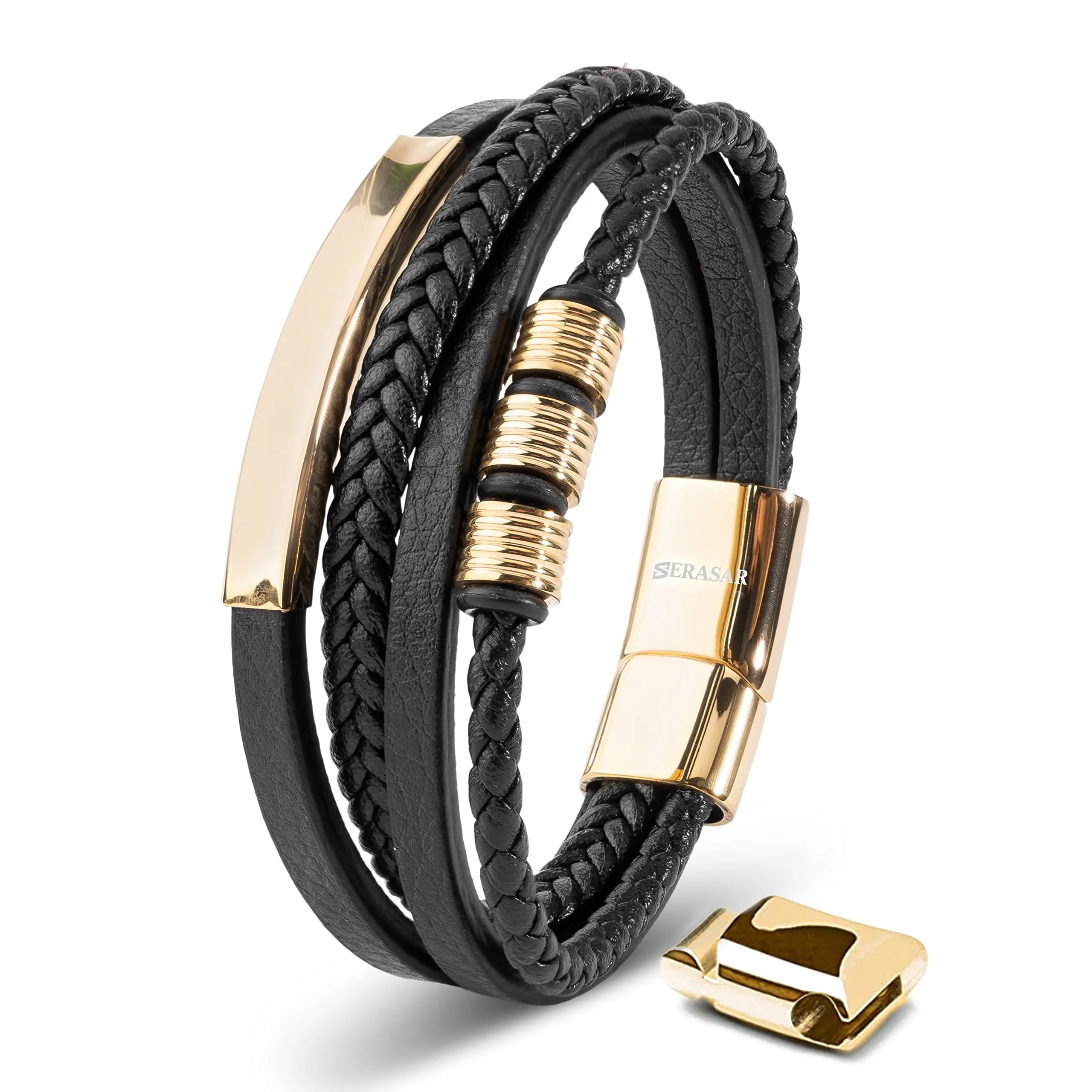SERASAR Bracciale Uomo in Pelle Nera e Acciaio Oro, 20cm - immagine 1