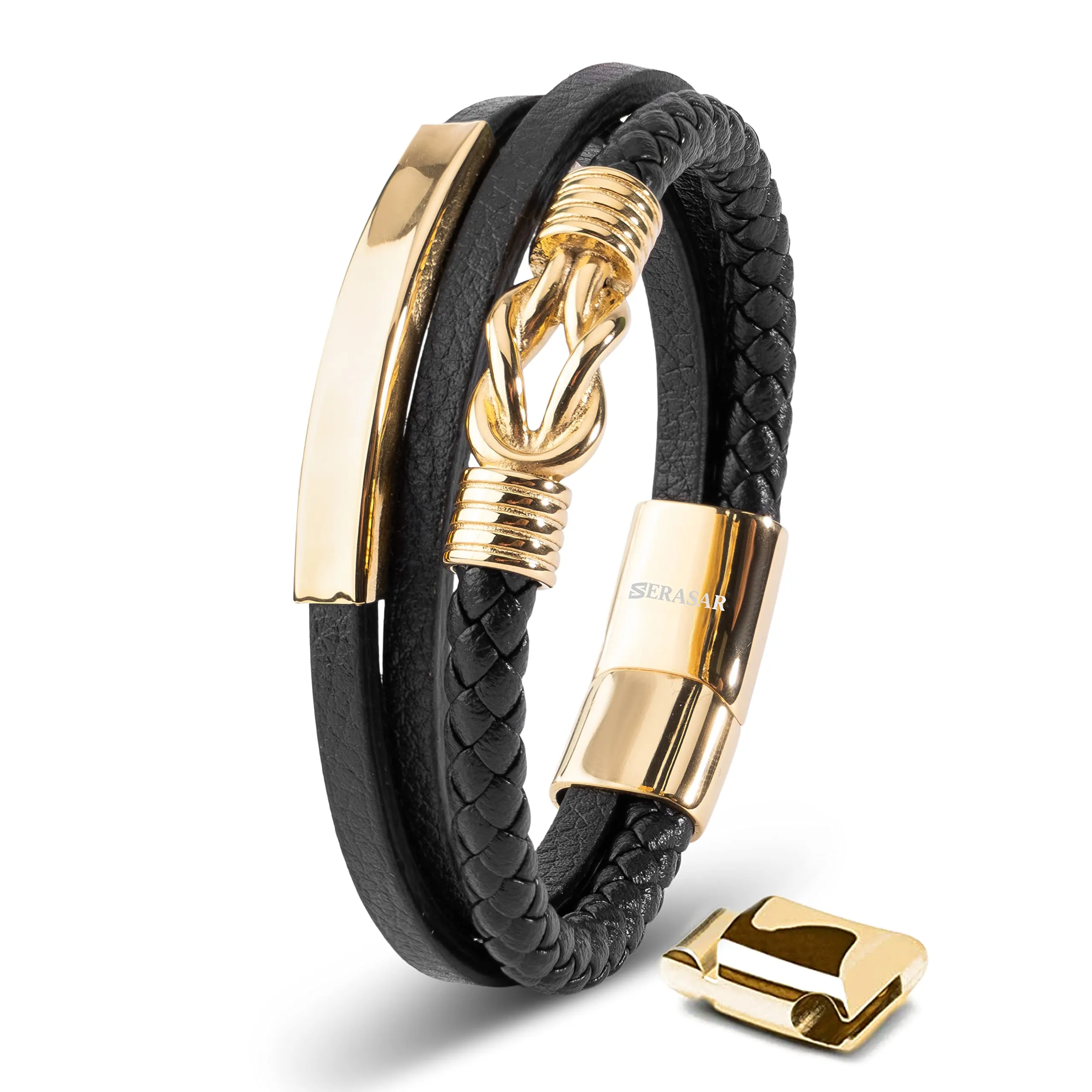 SERASAR Bracciale Uomo in Cuoio Nero e Acciaio Oro, 20cm - immagine 1