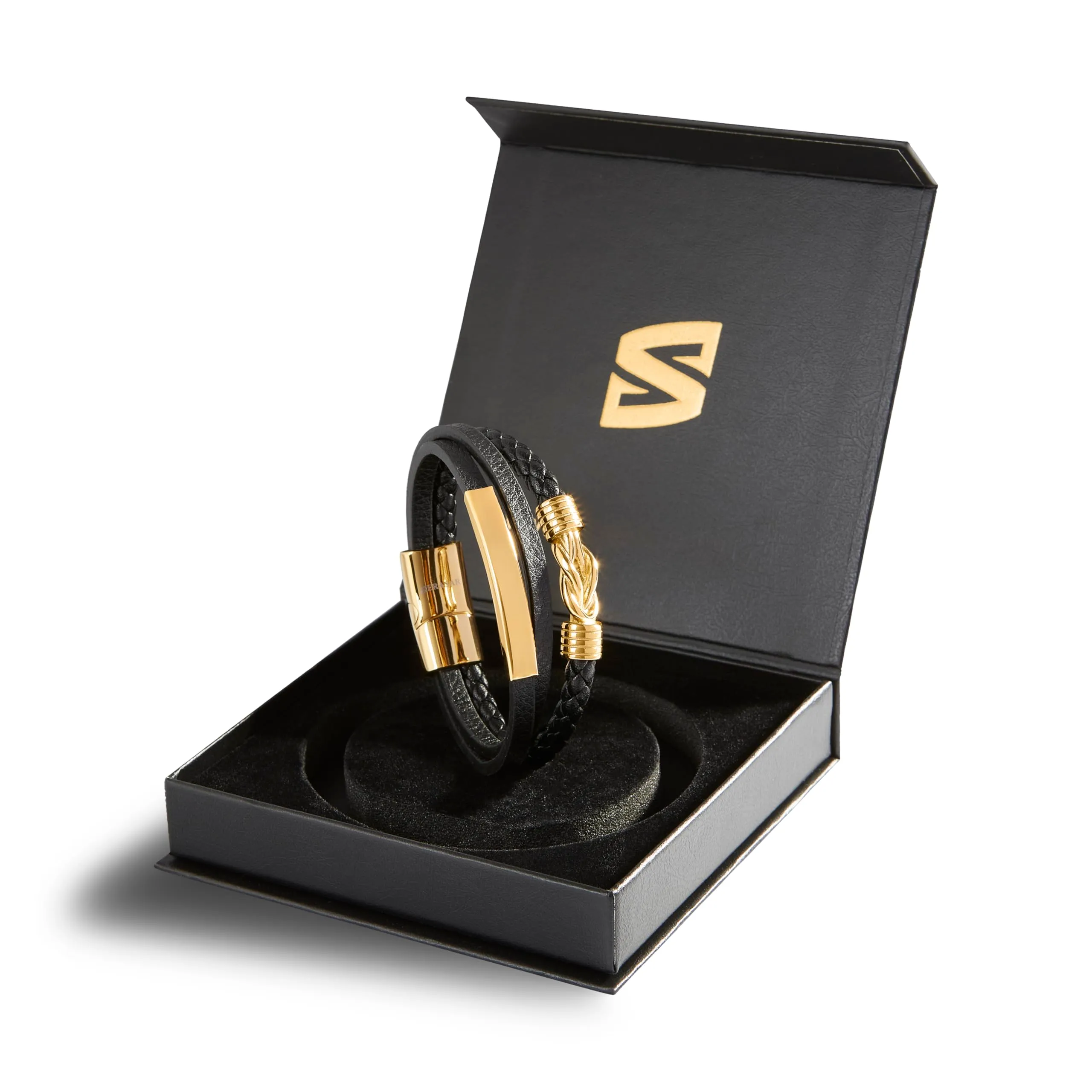 SERASAR Bracciale Uomo in Cuoio Nero e Acciaio Oro, 20cm - immagine 2