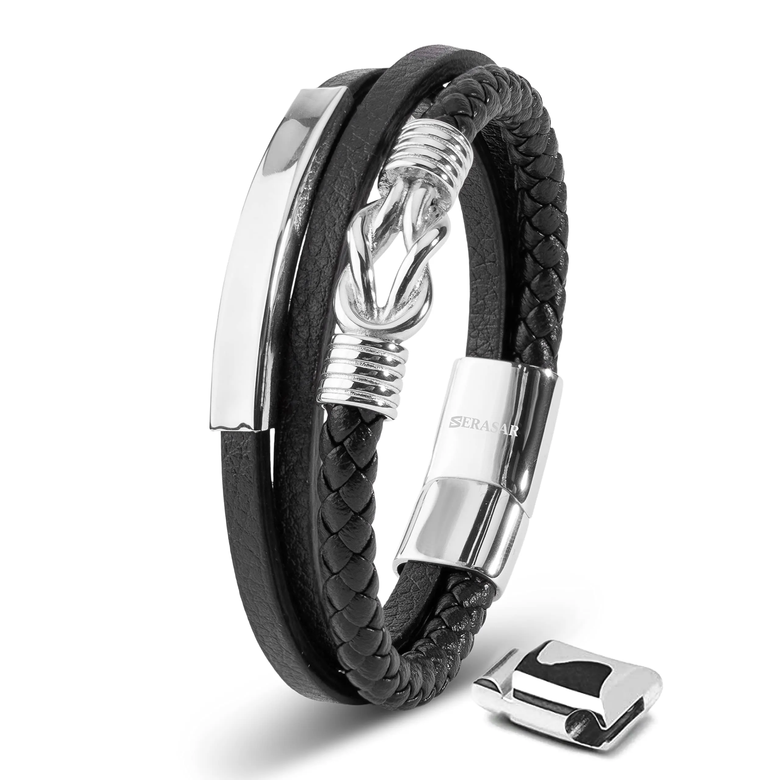 SERASAR Bracciale Uomo in Pelle Nera Intrecciata e Acciaio Inox, 17cm - immagine 1
