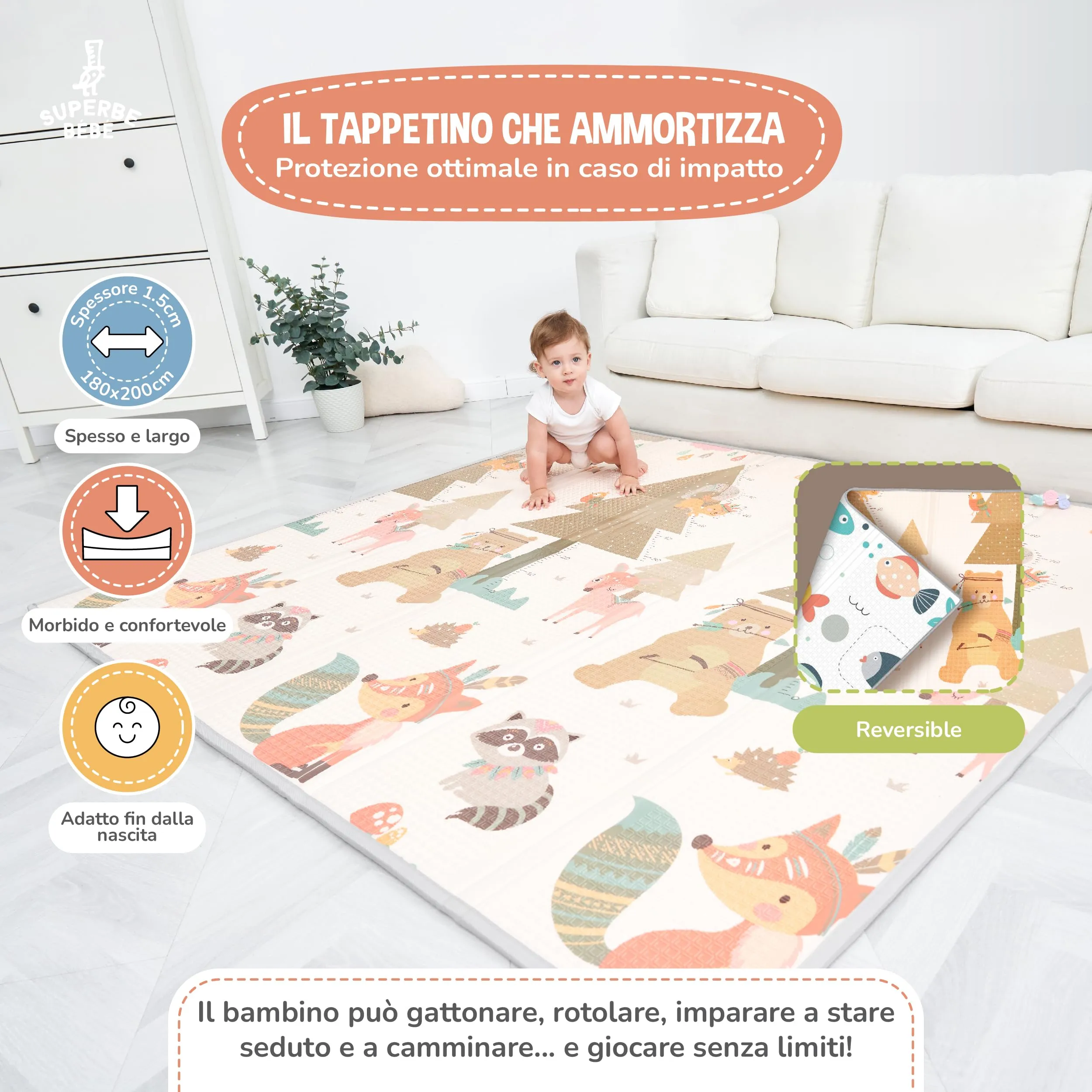 SUPERBE BEBE Tappeto Gioco Bambini Pieghevole Montessori 180x200x1.5cm Reversibile Impermeabile in Schiuma SBXPE150PM1 - immagine 2