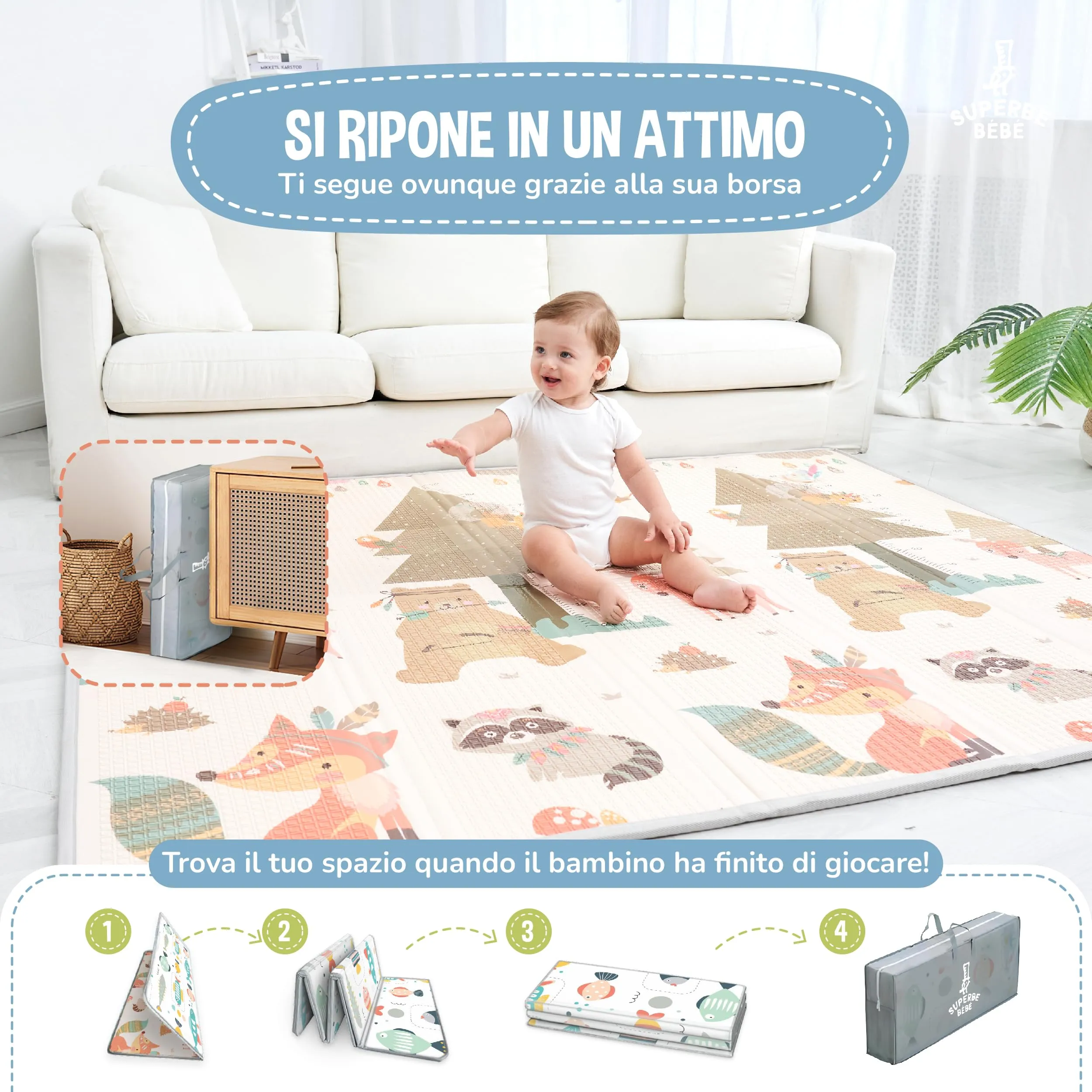 SUPERBE BEBE Tappeto Gioco Bambini Pieghevole Montessori 180x200x1.5cm Reversibile Impermeabile in Schiuma SBXPE150PM1 - immagine 3