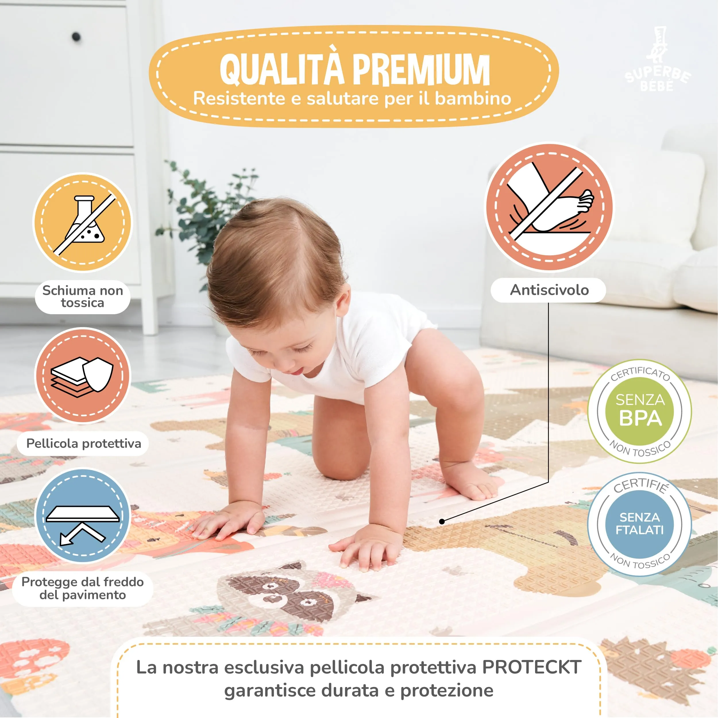 SUPERBE BEBE Tappeto Gioco Bambini Pieghevole Montessori 180x200x1.5cm Reversibile Impermeabile in Schiuma SBXPE150PM1 - immagine 5