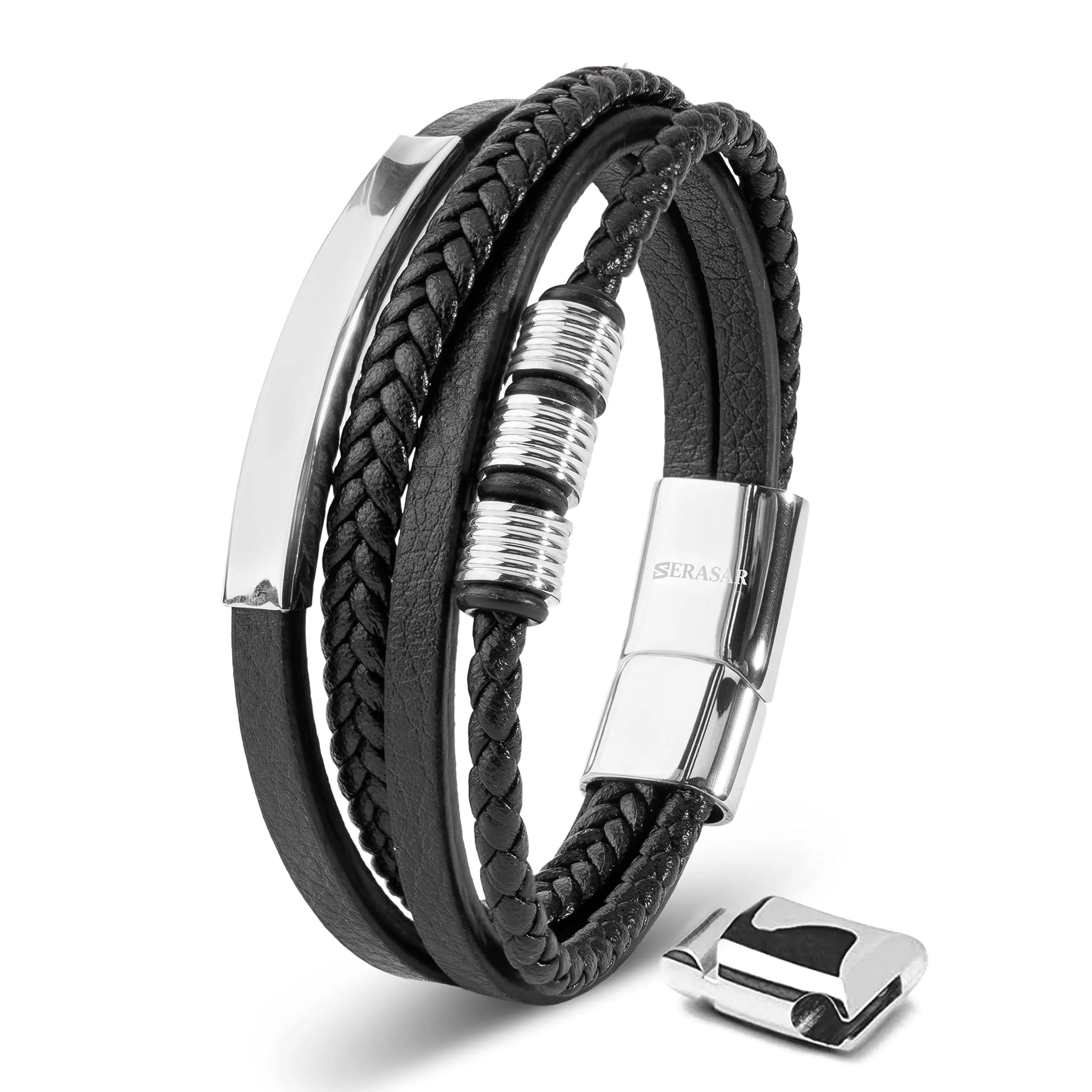 SERASAR Bracciale Uomo in Cuoio Nero e Acciaio Argento, 20cm - immagine 1