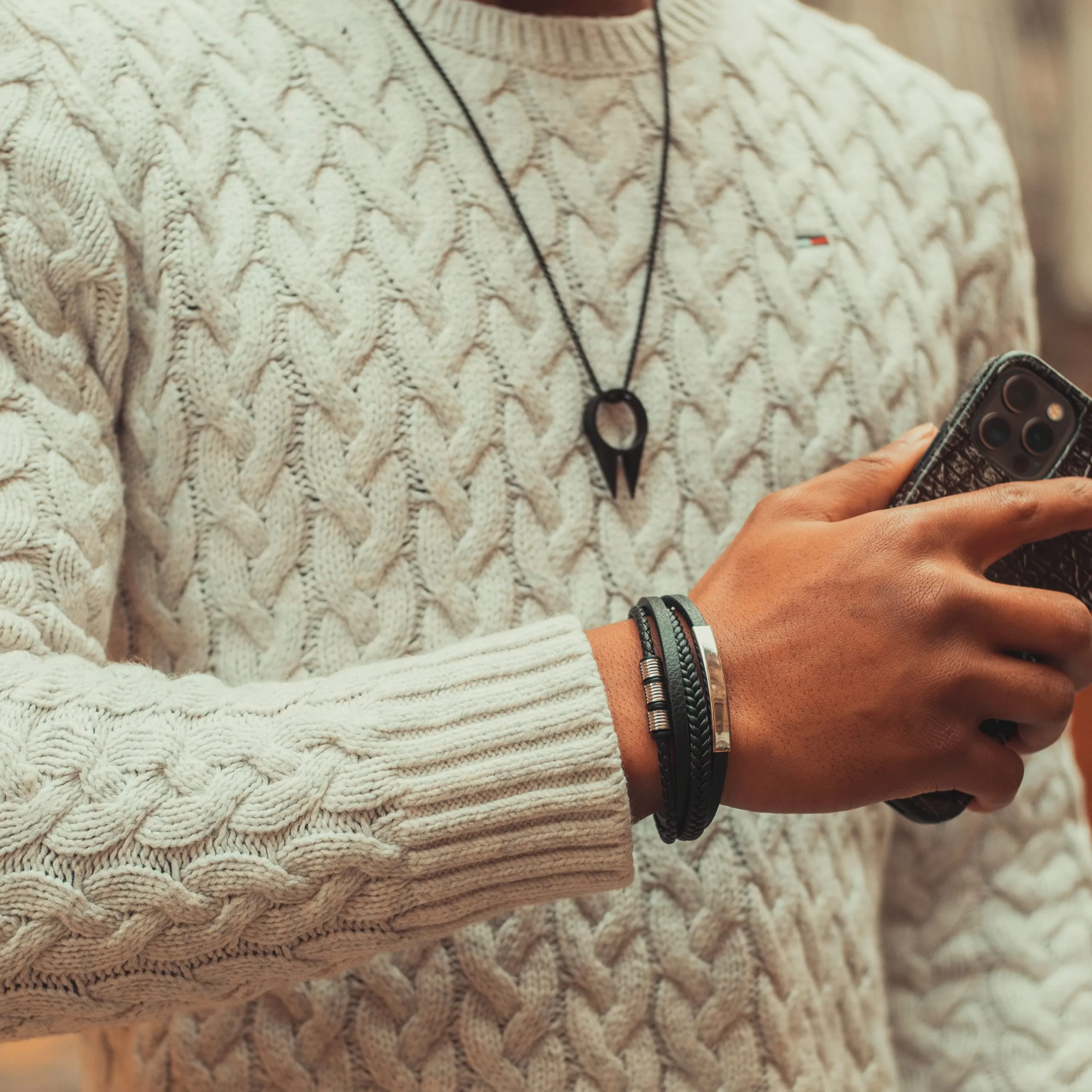 SERASAR Bracciale Uomo in Cuoio Nero e Acciaio Argento, 20cm - immagine 4